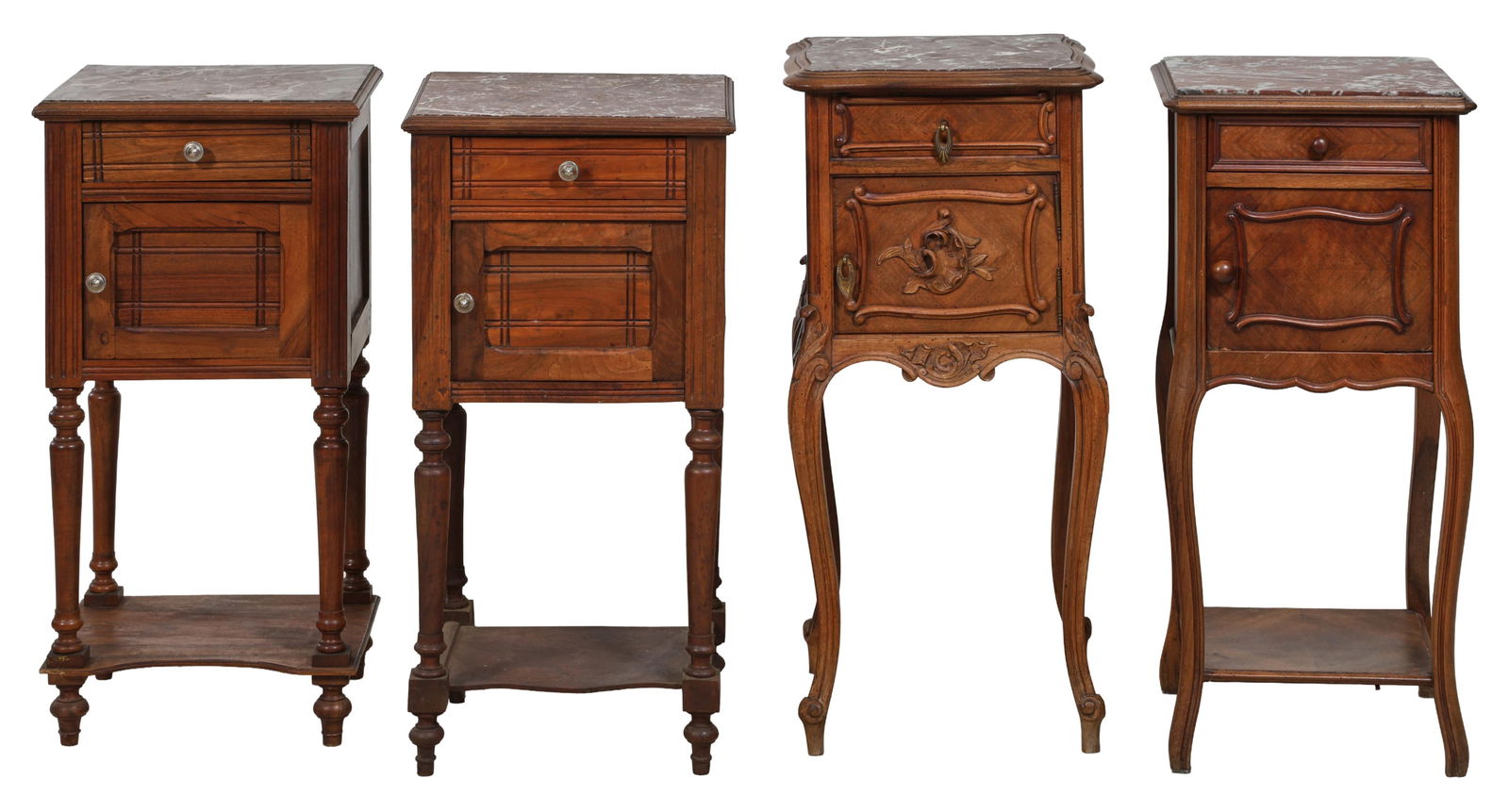 Four French Rouge Marble Top Walnut Nightstands, late 19th c. Tallest- H.- 34 in., W.- 16 in., D.- (1 of 7)