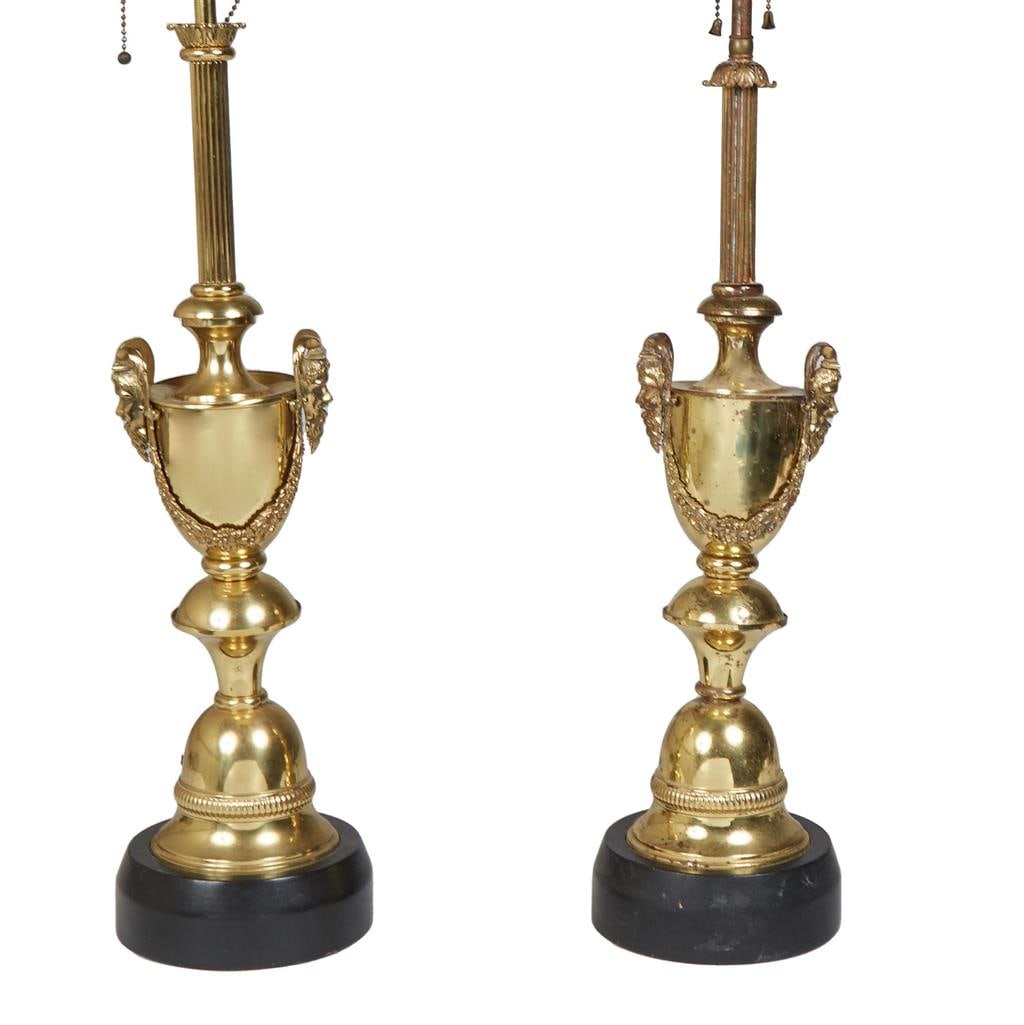 Pair of Brass Louis XVI Style Lamps, 20th c., H.- 22 in., Dia.- 6 in. (2 Pcs.) (1 of 2)