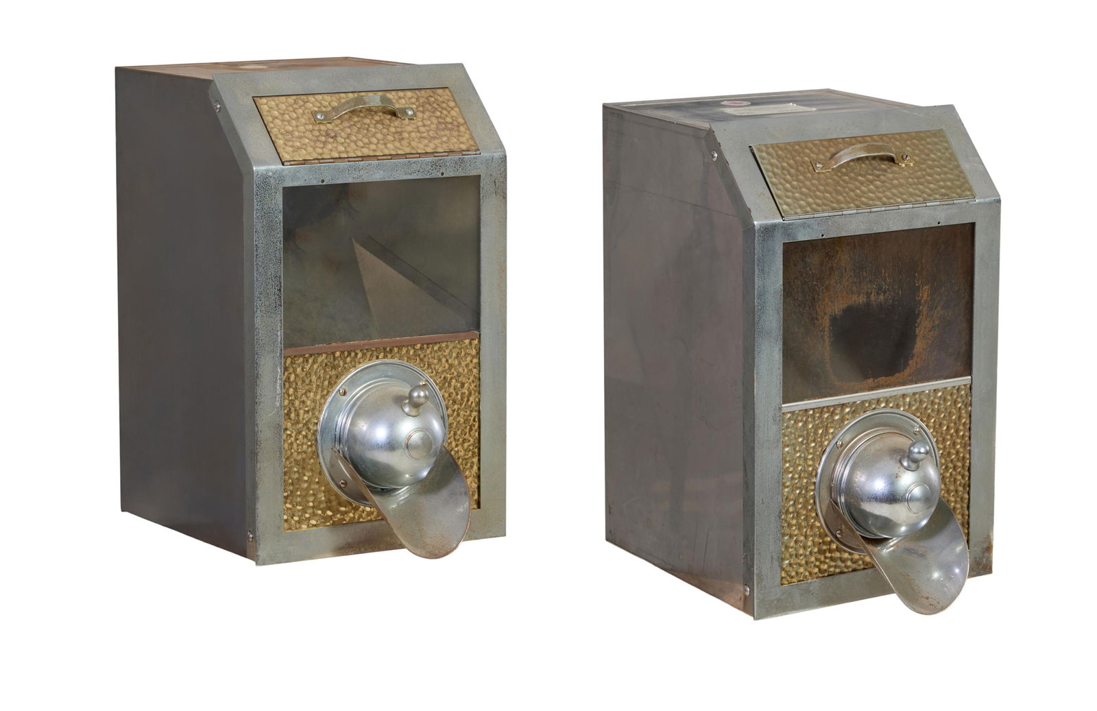 Pair of Commercial Aluminum and Pressed Brass Coffee Bean Dispensers, Otto King, 20th c., H.- 18 (1 of 6)