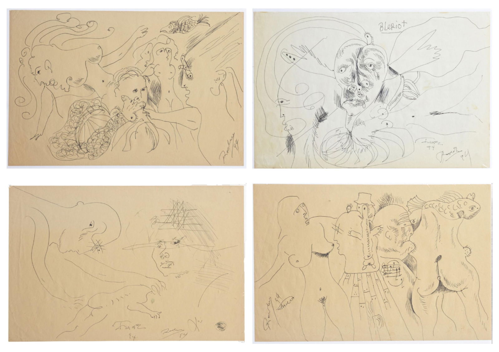 Noel Rockmore (American/New Orleans, 1928-1995) and Jake Calico, Four Drawings, 1994, Largest- H.-: Noel Rockmore (American/New Orleans, 1928-1995) and Jake Calico, Four Drawings, 1994, consisting of "Nude Fantasy," signed Rockmore, dated 1994; together with "Nude and Fish," "Two Heads," and "Blerio