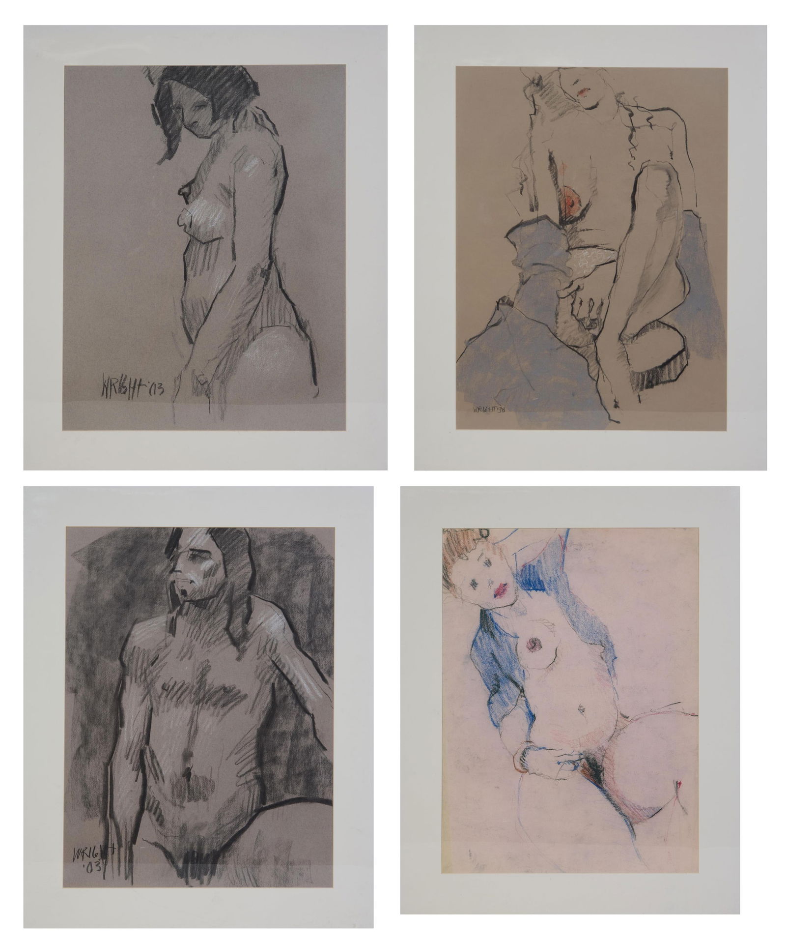 Don Wright (American/Louisiana, 1938-2007), "Four Nude Studies," 1998-2003, Smallest Sight- H.- 17: Don Wright (American/Louisiana, 1938-2007), "Four Nude Studies," 1998-2003, including one standing man, one standing female and two seated females, each charcoal on paper- the two seated females in co