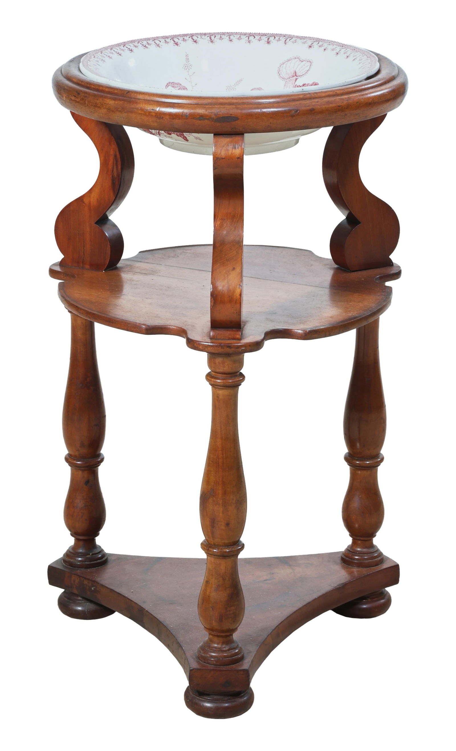 French Louis Philippe Porcelain and Walnut Washstand, mid 19th c., H.- 31 3/4 in., Dia.- 18 in., (1 of 3)