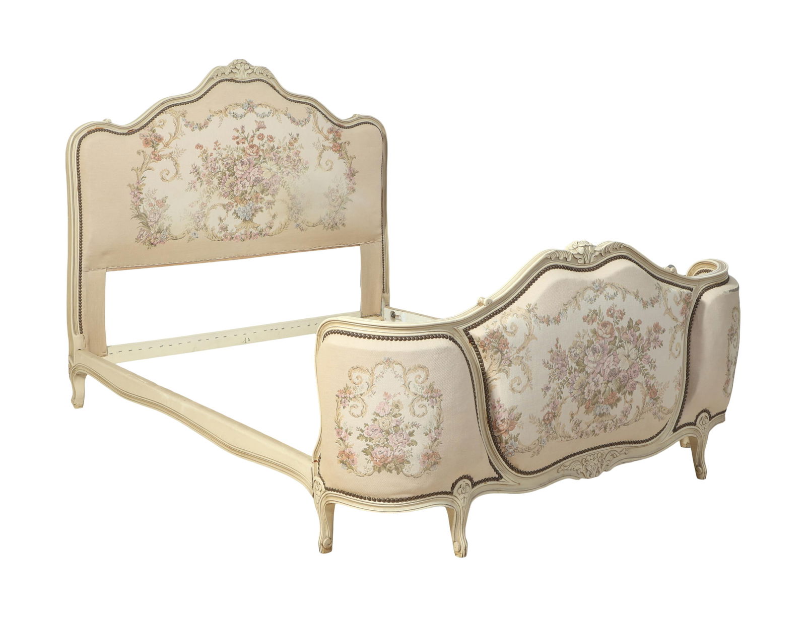 French Louis XV Style Creme Peinte Petit Point Bed, mid 20th c., H.- 52 in., W.- 59 in., L.- 68 in. (1 of 3)