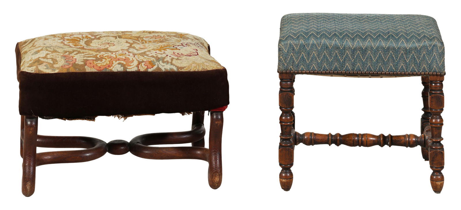 Lot of Two French Louis XIII Style Walnut Ottomans, early 20th c., Taller- H.- 18 in., W.- 19 in., (1 of 3)