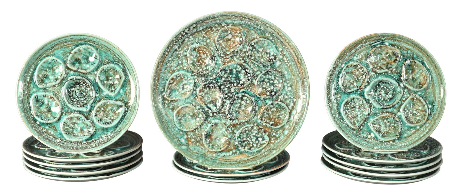 Thirteen Piece French Provincial Ceramic Oyster Service, mid 20th c., Platter- H.- 1 in., Dia.-13 (1 of 4)
