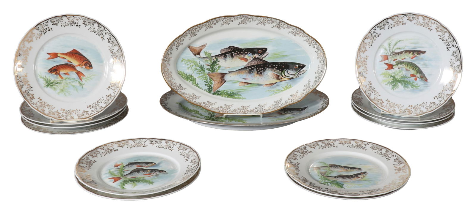 Fourteen Piece French Porcelain Fish Service, mid 20th c., Large Platter- H.- 1 1/2 in., W.- 16 1/2 (1 of 9)