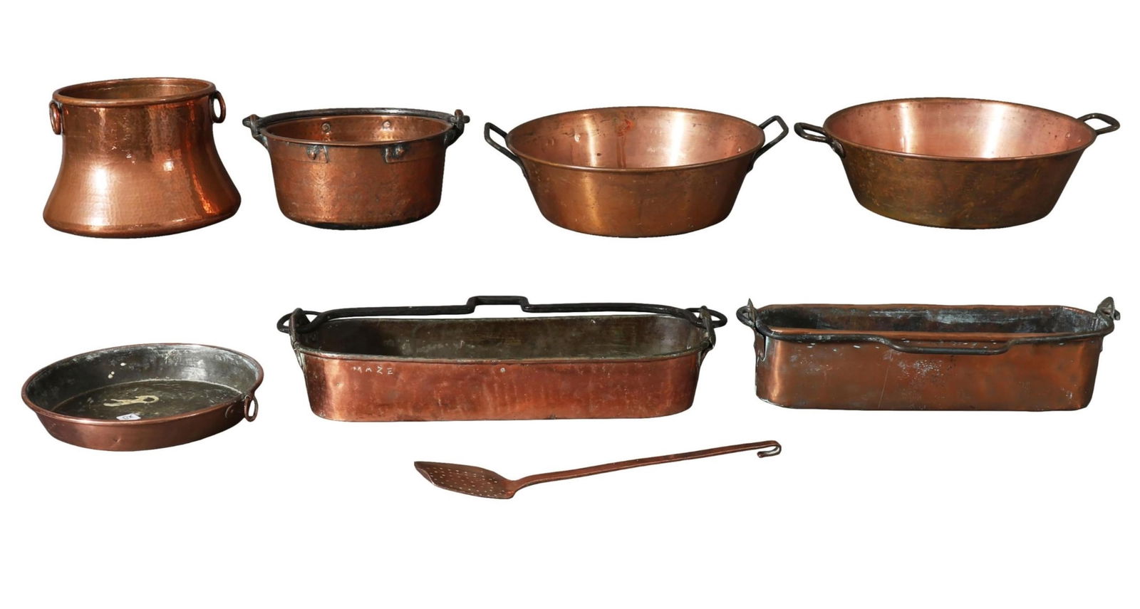 Eight Pieces of French Provincial Copper Cookware, late 19th c., Larger Fish Poacher- H.- 4 in., W- (1 of 3)
