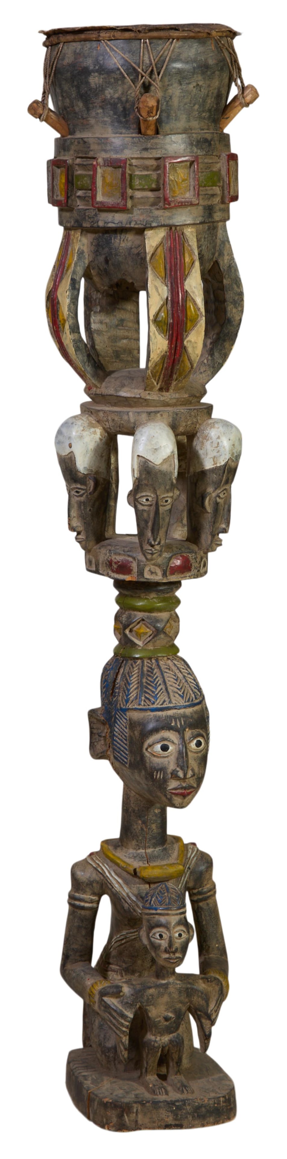 African Polychromed Figural Nigerian Yoruba Totem Drum, 20th c., H.- 57 1/2 in., W.- 10 in., D.- 12 (1 of 1)