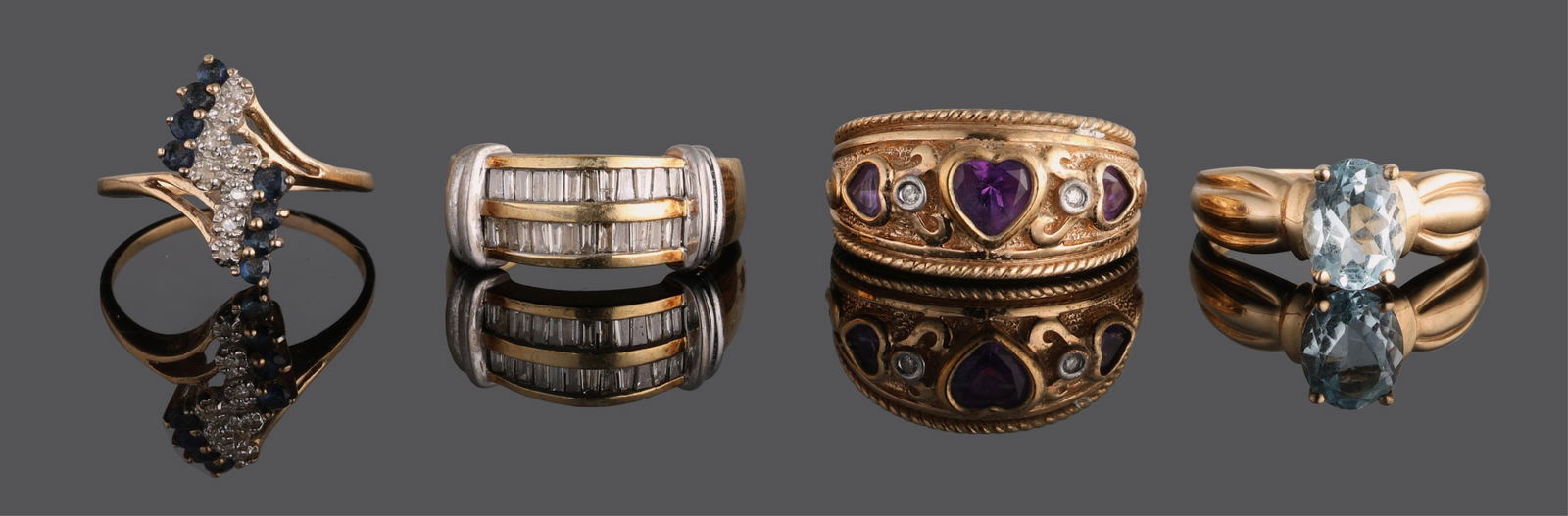 Four 10K Yellow Gold Rings, 20th c., Amethyst- Size- 6 1/2; Aquamarine- Size- 6 3/4; Sapphire- Size- (1 of 1)