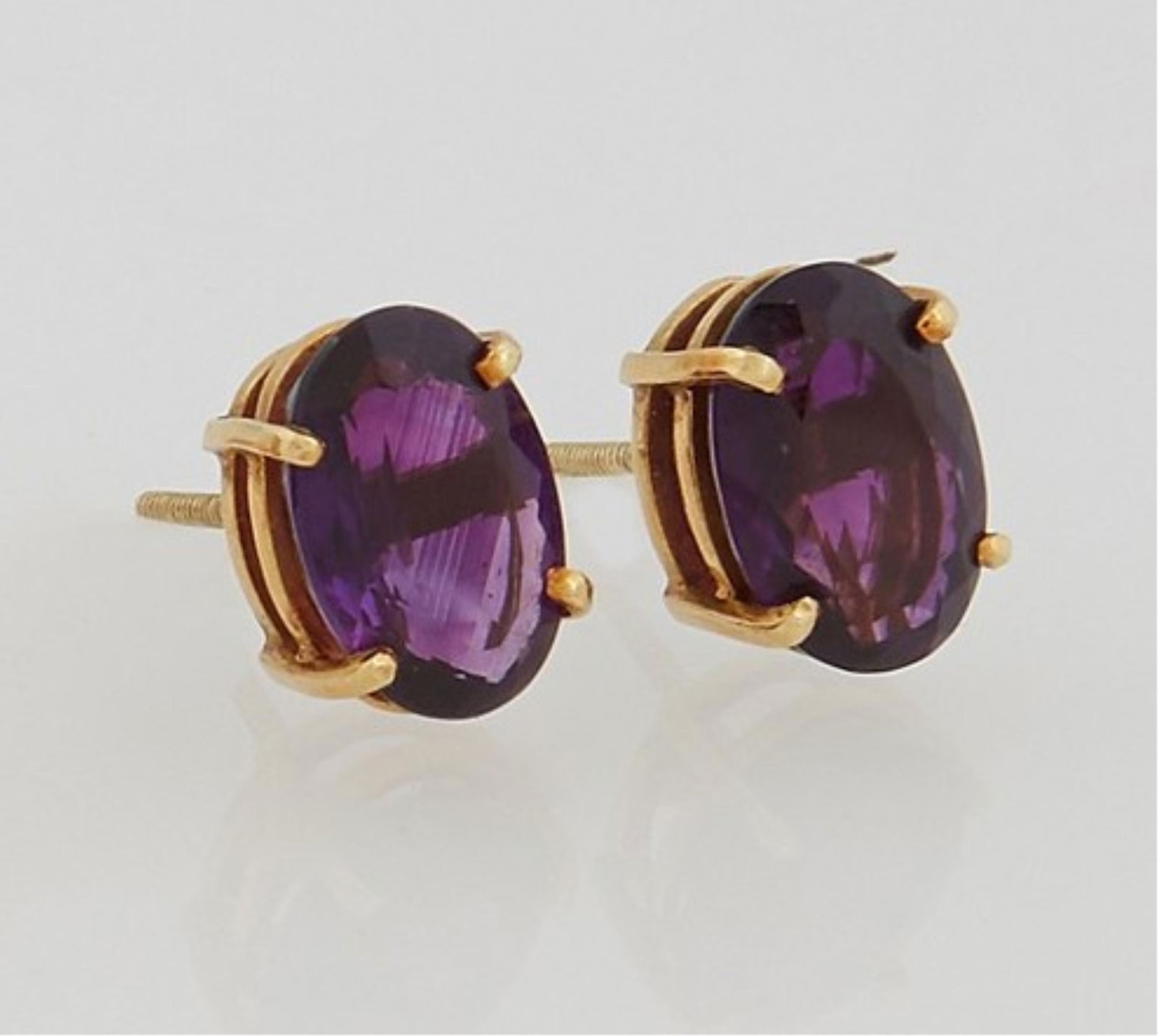 Pair of 18K Oval Yellow Gold Amethyst Stud Earrings, Each- H.- 11 mm., W.- 7 mm. (2 Pcs.) (1 of 1)