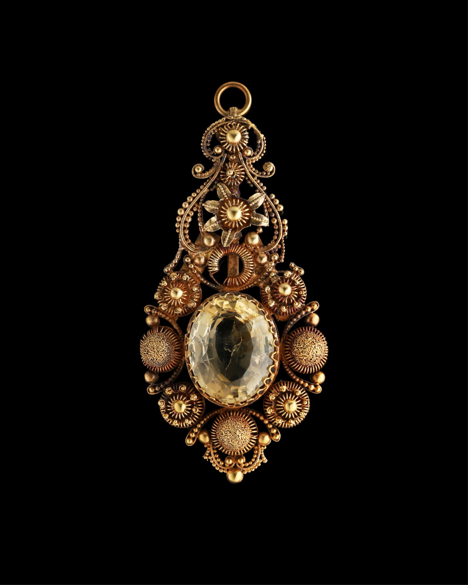 18K Yellow Gold Citrine Pendant, c. 1900, H.- 2 1/4 in., W.- 1 1/16 in., D.- 3/16 in. (1 of 1)