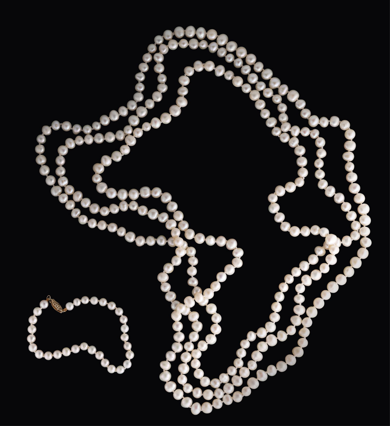 Pearl Necklace and Bracelet, Necklace- L.- 80 in., Bracelet- L.- 7 in. (2 Pcs.) (1 of 3)