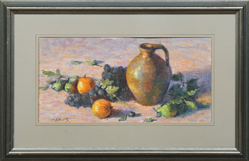 William J Schultz (American, 1919-2005), "Still Life of Fruit and a Jug," 20th c., Sight.- H.- 9 3/4 (1 of 4)