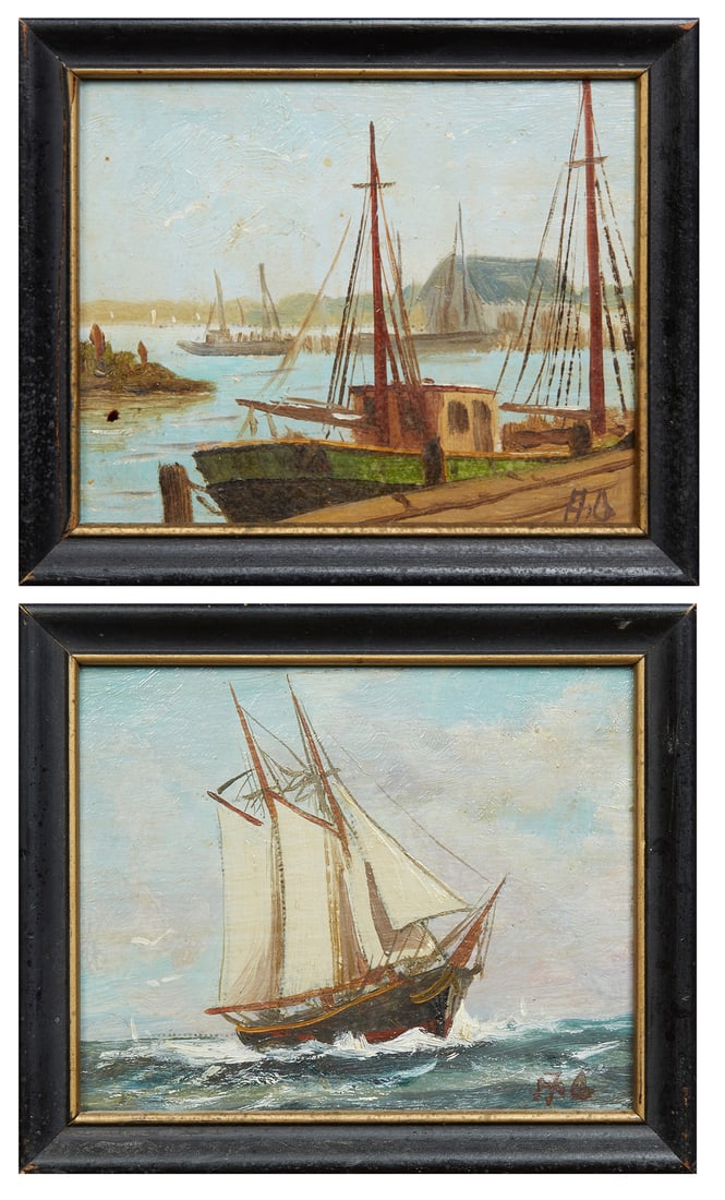 American School, "Harbor Scene," and "Ship in Full Sail," 19th c., Each- H.- 3 3/4 in., W.- 4 3/4 (1 of 5)