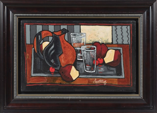 Gerard Bontemps (French, b. 1944), "Pichet du Plateau Gris," 20th c., H.- 13 in., W.- 21 3/4 in.: Gerard Bontemps (French, b. 1944), "Pichet du Plateau Gris," 20th c., oil on canvas, signed lower right, titled and signed verso, presented in an ebonized shadowbox frame, H.- 13 in., W.- 21 3/4 in.