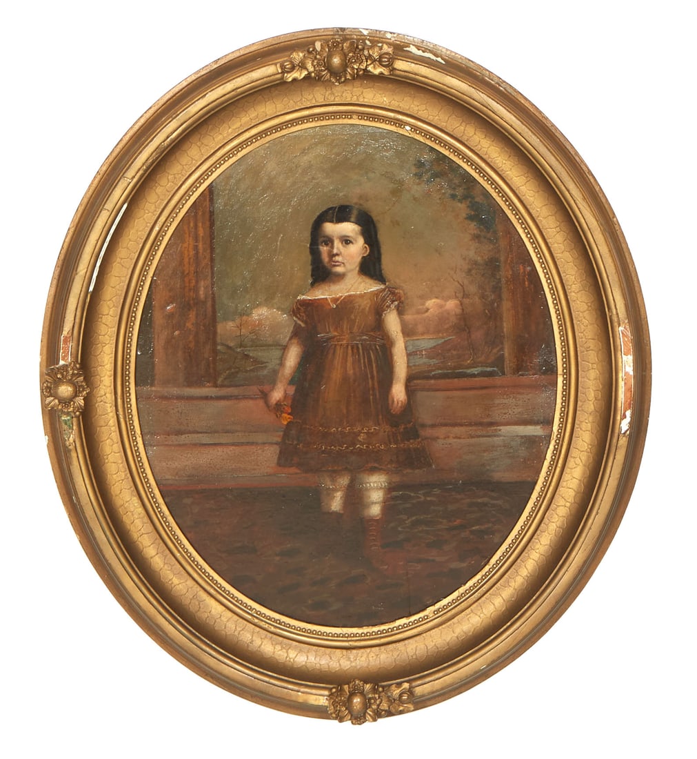 American School, "Portrait of a Girl with Bouquet," 19th c., H.- 23 1/8 in., W.- 19 1/8 in., Framed- (1 of 3)