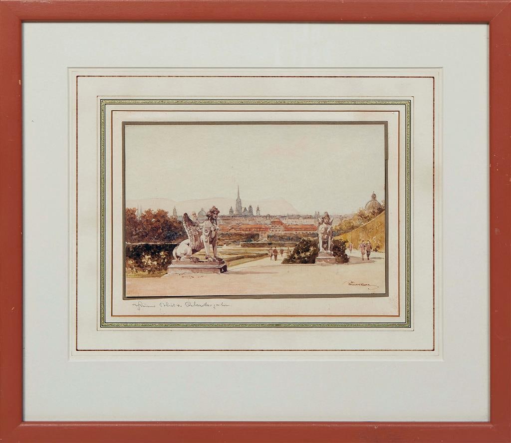 Continental School, "Belvedere Gardens, Vienna," early 20th c., H.- 5 1/2 in., W.- 8 in., Framed- (1 of 5)