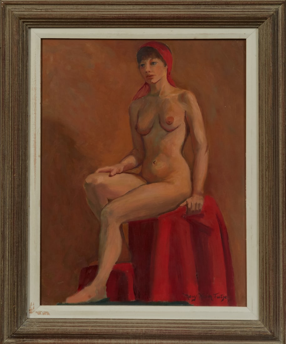 Mary Keim Tietze (American, 20th/21st Century), "Seated Nude with Red Scarf," c. 1940, H.- 16 in.,: Mary Keim Tietze (American, 20th/21st Century), "Seated Nude with Red Scarf," c. 1940, oil on masonite, signed lower right, presented in a grey reeded frame with a polychromed white liner, H.- 16 in.,