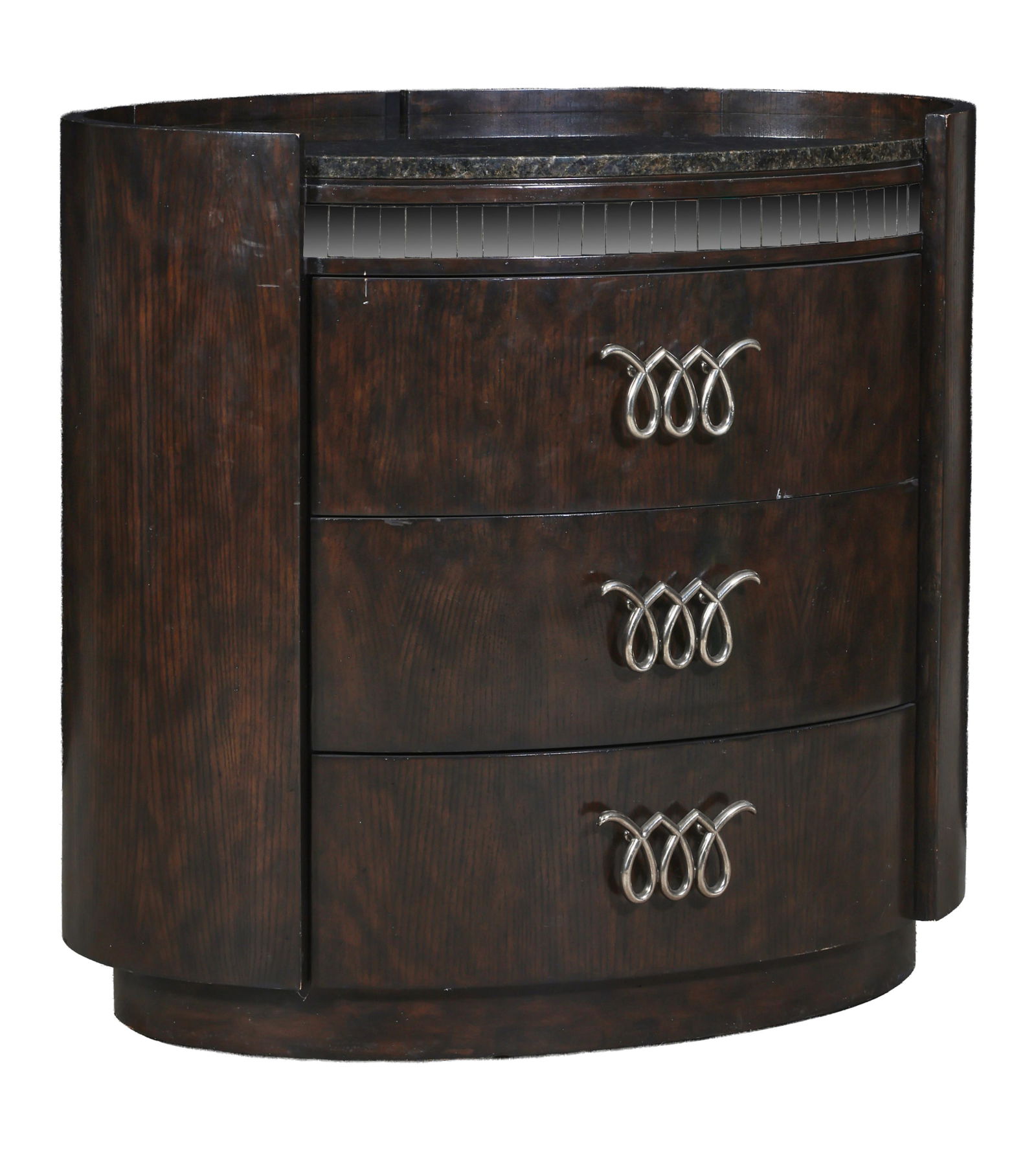 Marge Carson Oval Marble Top Nightstand, late 20th c., H.- 35 in., W.- 38 in., D.- 24 3/4 in. (1 of 3)