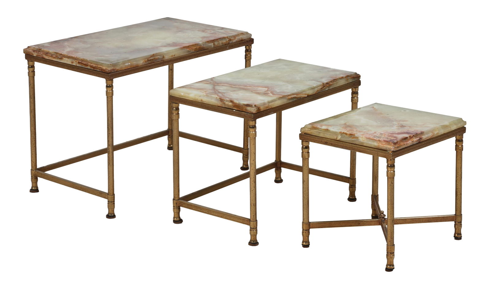 Three Onyx Top Brass Nesting Tables, 19th c., Larger- H.- 16 in., W.- 22 in., D.- 13 in. (3 Pcs.) (1 of 6)