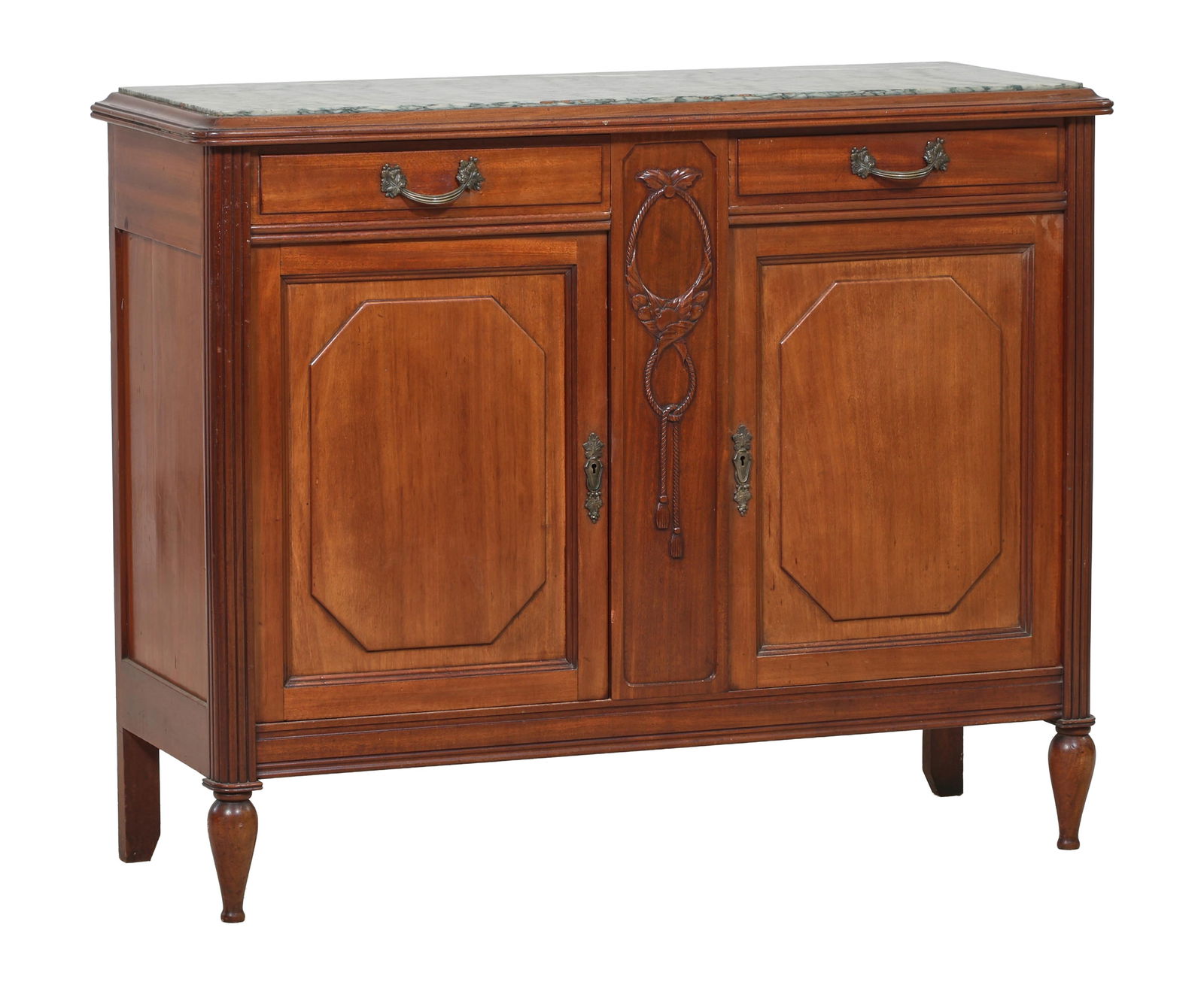 French Art Nouveau Marble Top Carved Walnut Sideboard, early 20th c., H.- 40 in., W.- 49 1/4 in., (1 of 3)