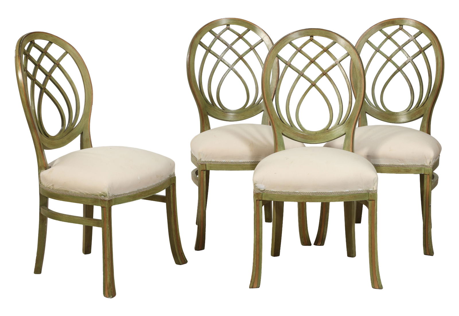 Four Art Nouveau Vert Peinte Dining Chairs, early 20th c., H.- 39 1/2 in., W.- 20 in., D.- 19 in. (4: Four Art Nouveau Vert Peinte Dining Chairs, early 20th c., the oval shaped backs with intertwined splats, serpentine seats, flared stretchered legs, H.- 39 1/2 in., W.- 20 in., D.- 19 in. (4 Pcs.)