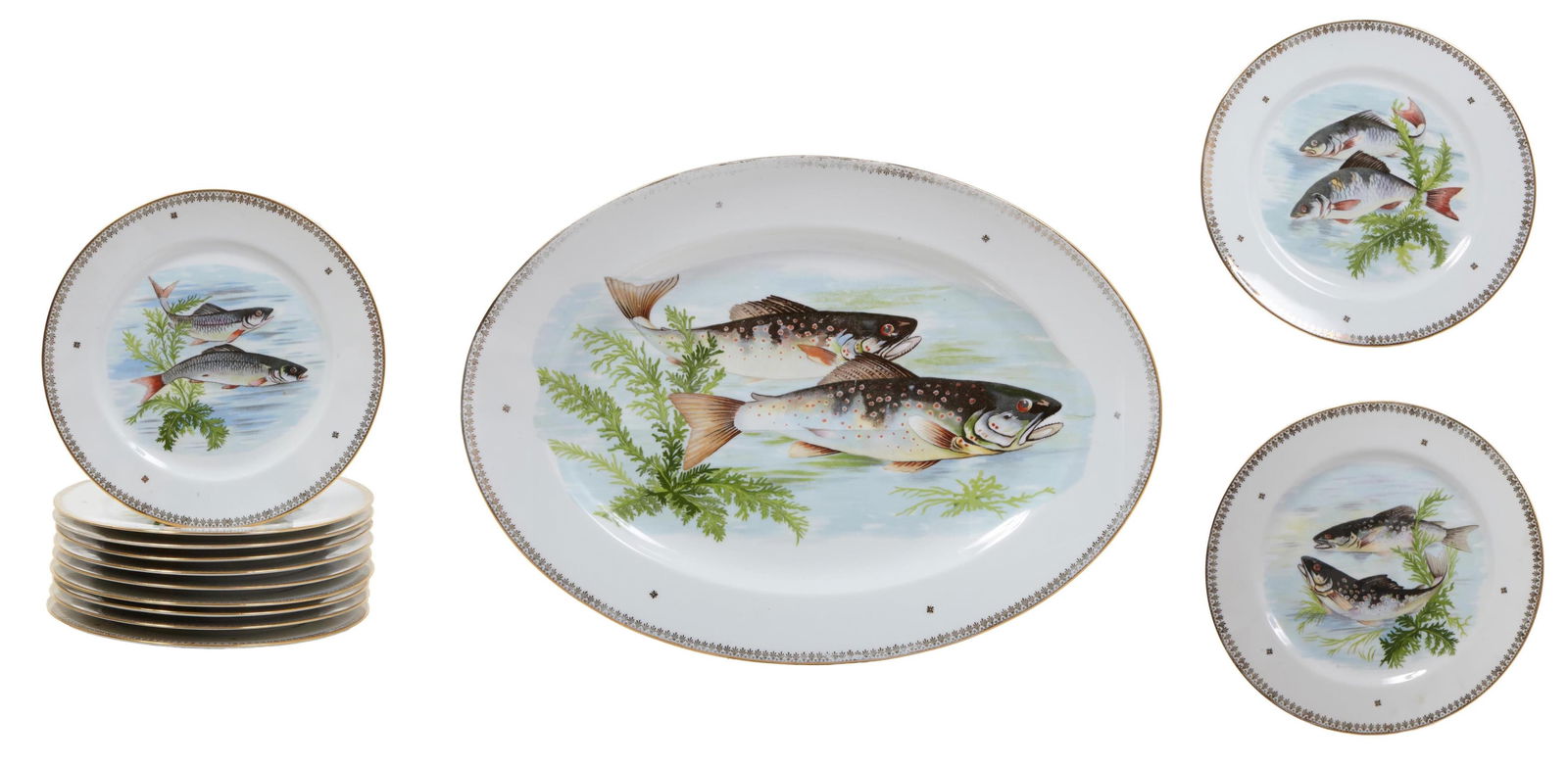 Thirteen Piece French Limoges Porcelain Fish Service, 19th c., Platter- W.- 16 3/8 in., D.- 12 in., (1 of 6)