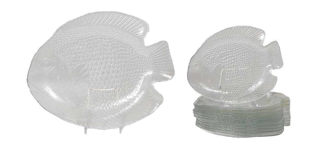 French Thirteen Piece Pressed Glass Fish Set, 20th c., Plates- H.- 1/2 in., W.- 10 1/4 in., D.- 8 (1 of 1)