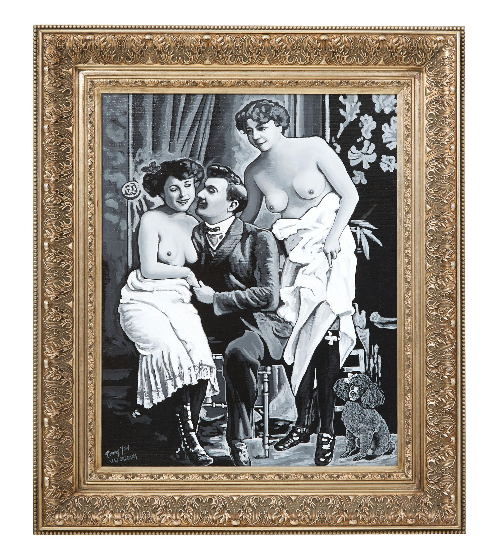 Tommy Yow (American/New Orleans, 20th/21st Century), "Storyville," H.- 20 in., W.- 16 in., Framed-: Tommy Yow (American/New Orleans, 20th/21st Century), "Storyville," acrylic on canvas, signed and localized "Tommy Yow, New Orleans" lower left and titled upper left, presented in a carved silvered woo