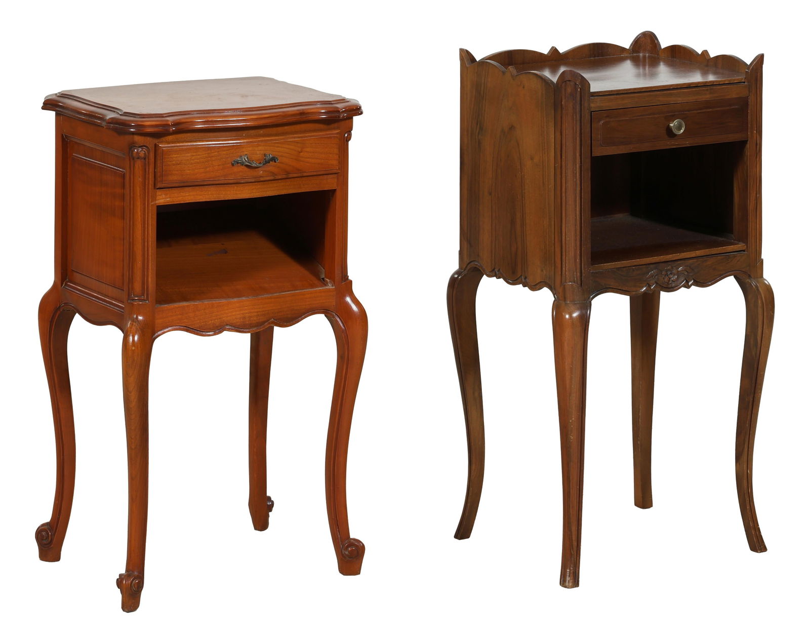 Two French Louis XV Style Nightstands, late 20th c., Taller- H.- 32 in., W.- 15 in., D.- 14 in. (2: Two French Louis XV Style Nightstands, late 20th c., both with a frieze drawer over an open cupboard, shape apron joining cabriole legs, Taller- H.- 32 in., W.- 15 in., D.- 14 in. (2 Pcs.)