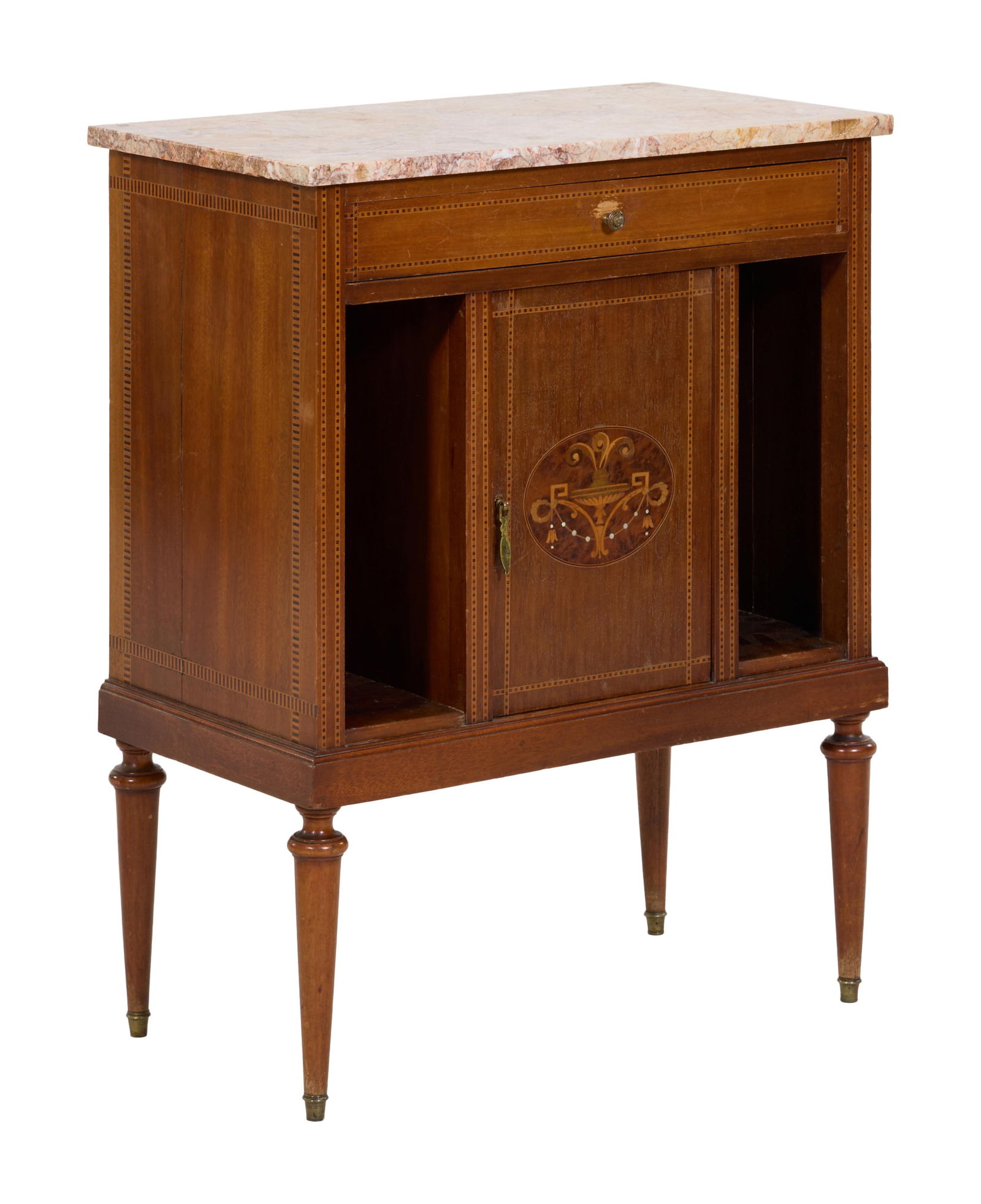 French Louis XVI Inspired Parquetry Marquetry Marble Top Nightstand, early 20th c., H.- 33 in., W.- (1 of 3)