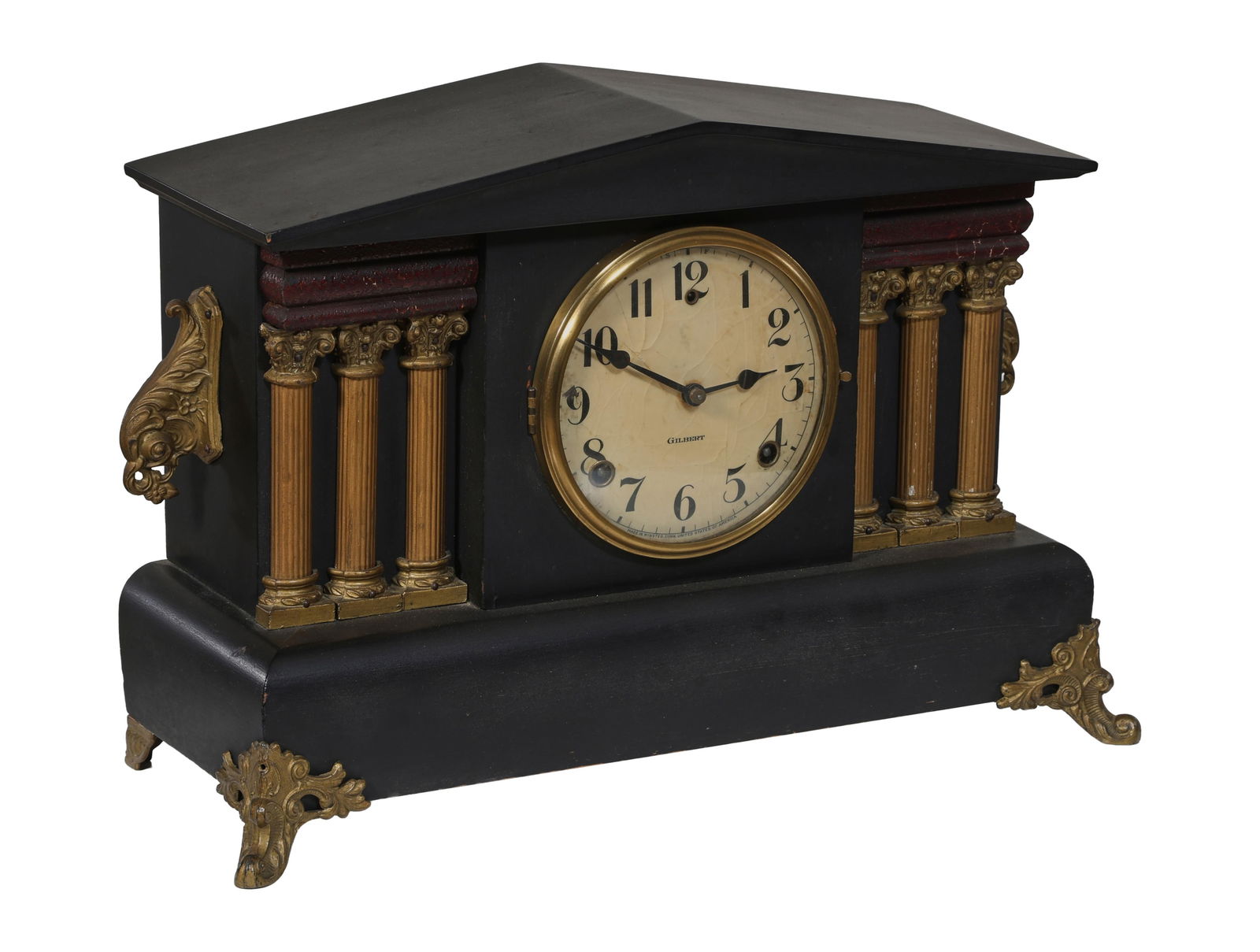 Gilbert Faux Black Marble Time and Strike Mantle Clock, c. 1900, H.- 11 3/4 in., W.- 17 1/2 in., D.- (1 of 1)