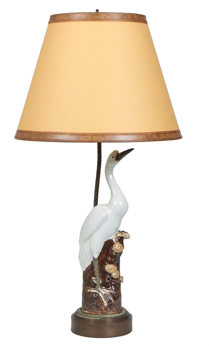 Polychromed Ceramic Egret Lamp, 20th c., Egret- H.- 16 in., Dia.- 6 in. (1 of 2)