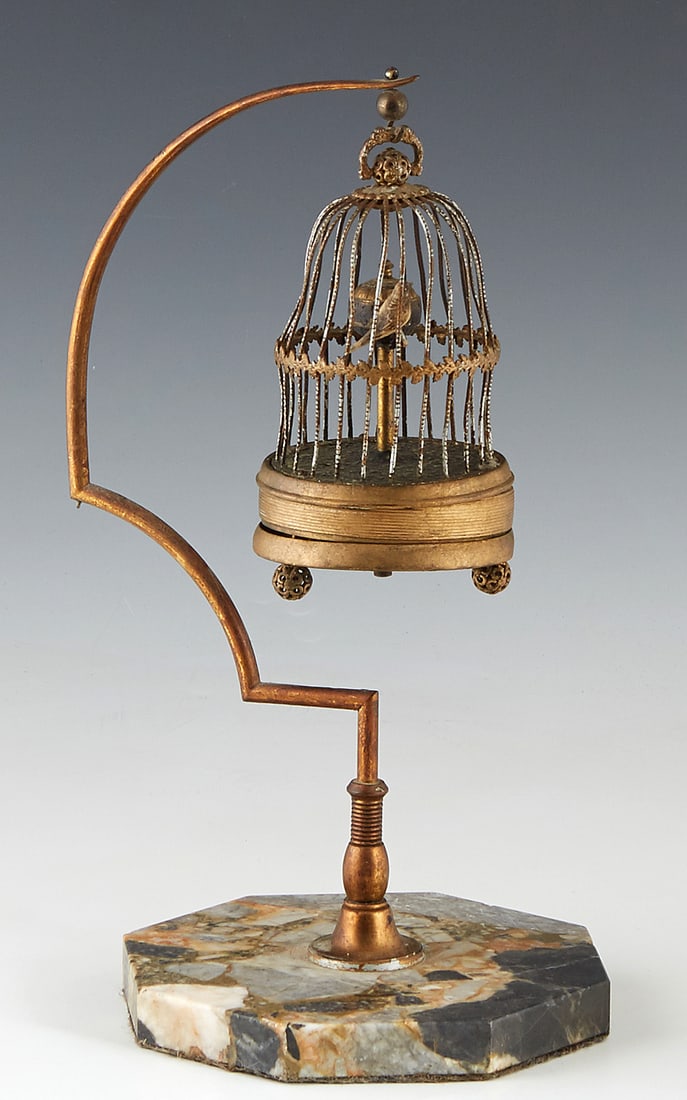Miniature Brass Bird Cage Annular Clock, early 20th c., H.- 11 1/4 in., W.- 5 1/4 in., D.- 5 3/4 in. (1 of 1)