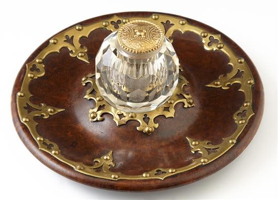 English Victorian Brass Mounted Burled Walnut Inkwell, late 19th c., H.- 4 1/2 in., Dia.- 10 1/2 in. (1 of 3)