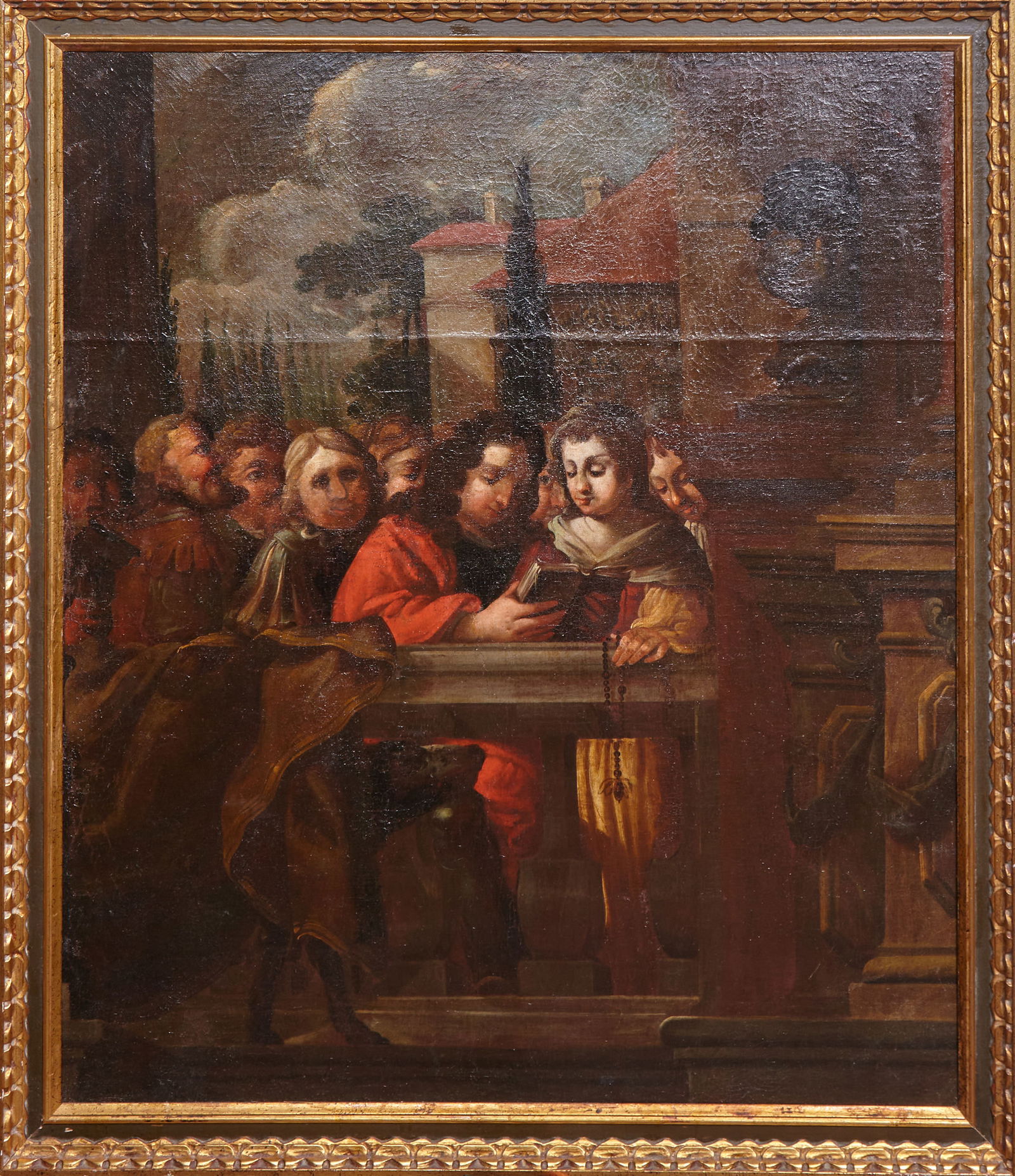 Italian School, "Prayer Before a Court of Fools," late 18th c., H.- 48 in., W.- 40 1/2 in., Framed-: Italian School, "Prayer Before a Court of Fools," late 18th c., oil on canvas backed/affixed by masonite, unsigned, presented in a giltwood frame, H.- 48 in., W.- 40 1/2 in., Framed- H.- 52 3/4 in., W