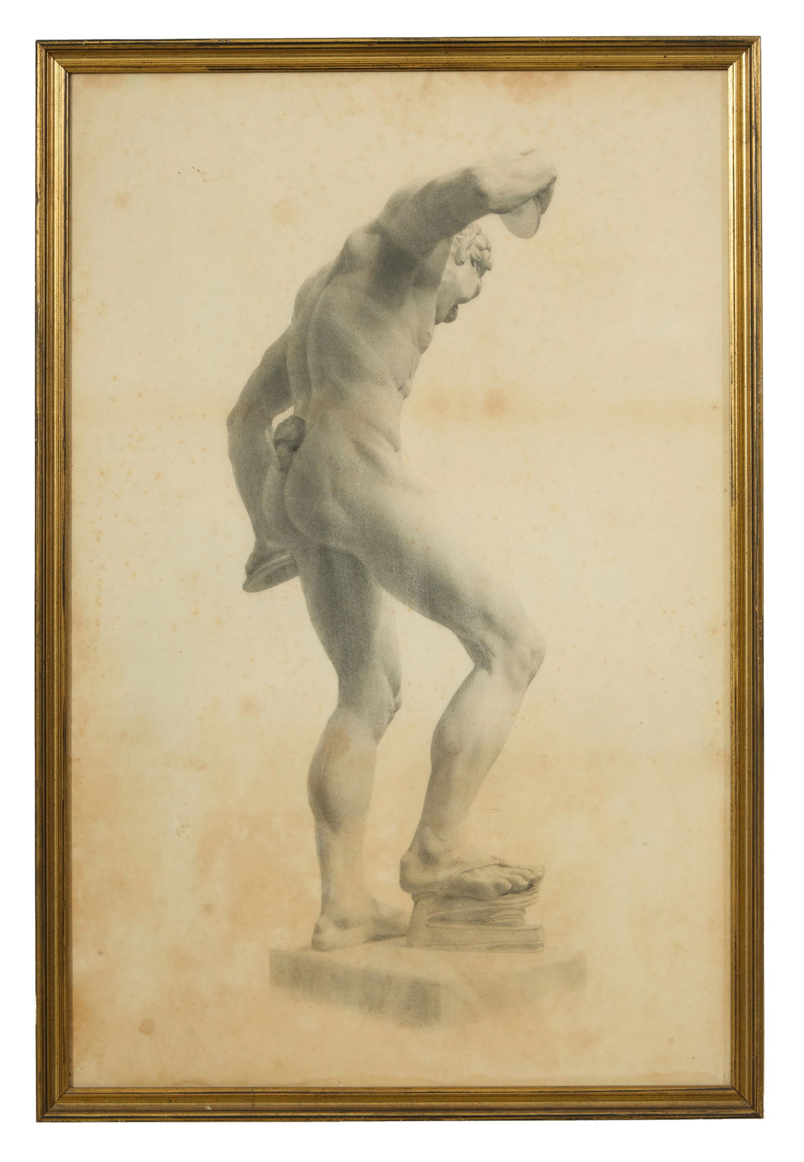Continental School (Early 20th Century), "Discobolus," Sight- H.- 33 in., W.- 21 3/8 in., Framed-: Continental School (Early 20th Century), "Discobolus," lithograph after a drawing after the marble in the Vatican, unsigned, lower center right marked "RA" in spolvero "pouncing" dots, possibly after