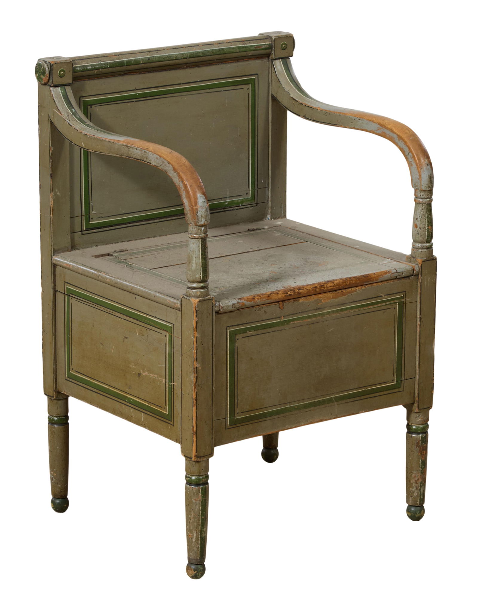 French Directoire Vert Gris Peinte Commode Fauteuil, early 19th c., H.- 31 3/4 in., W.- 18 1/4 in.,: French Directoire Vert Gris Peinte Commode Fauteuil, early 19th c., the cylindrical tubular crest ending in bossed blocks above painted panel back, flanked by downswept arms on ring turned supports, h