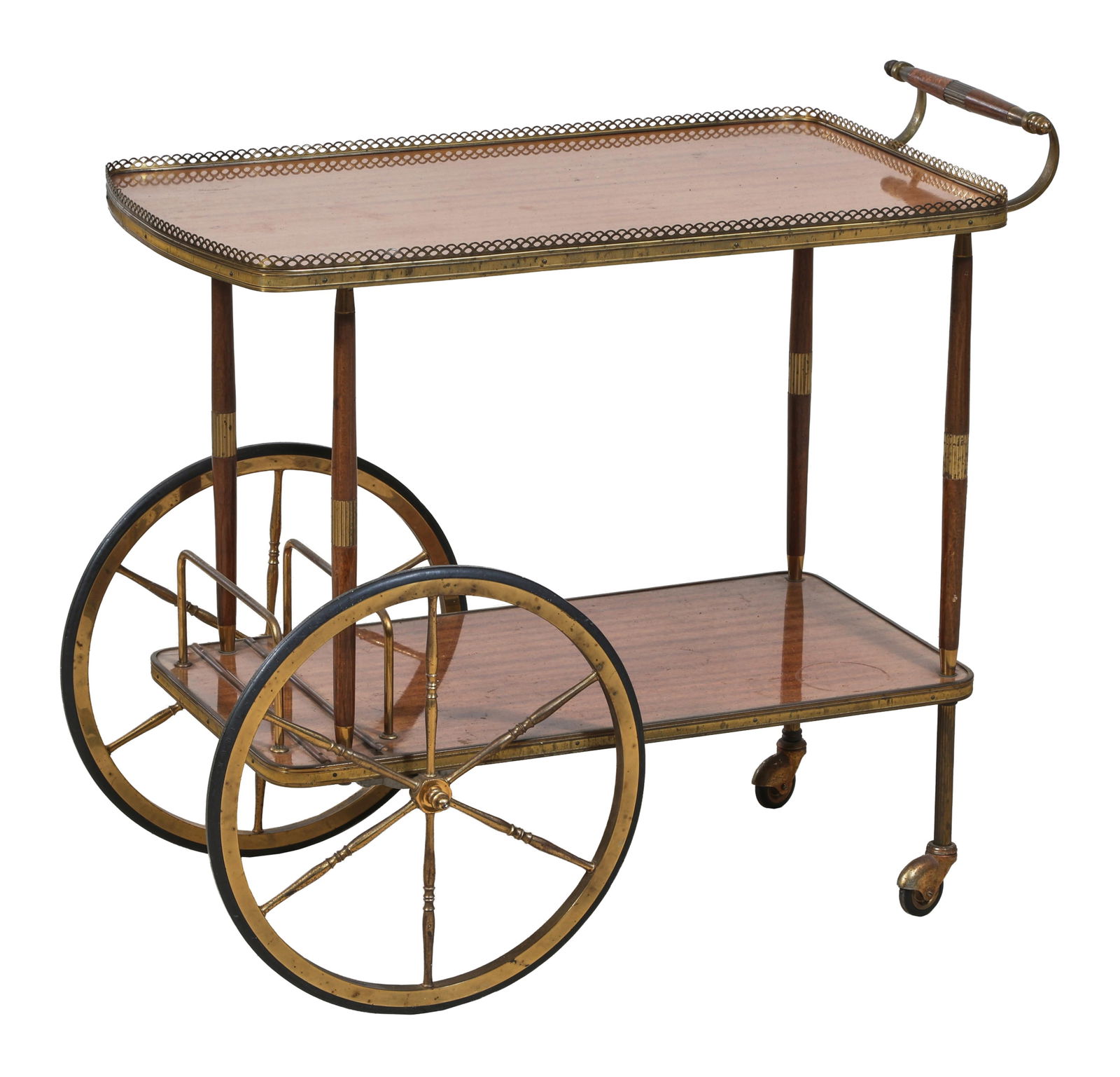 French Art Nouveau Brass and Wood Desserte Cart, early 20th c., H.- 29 in., W.- 32 in., D.- 20 in. (1 of 1)