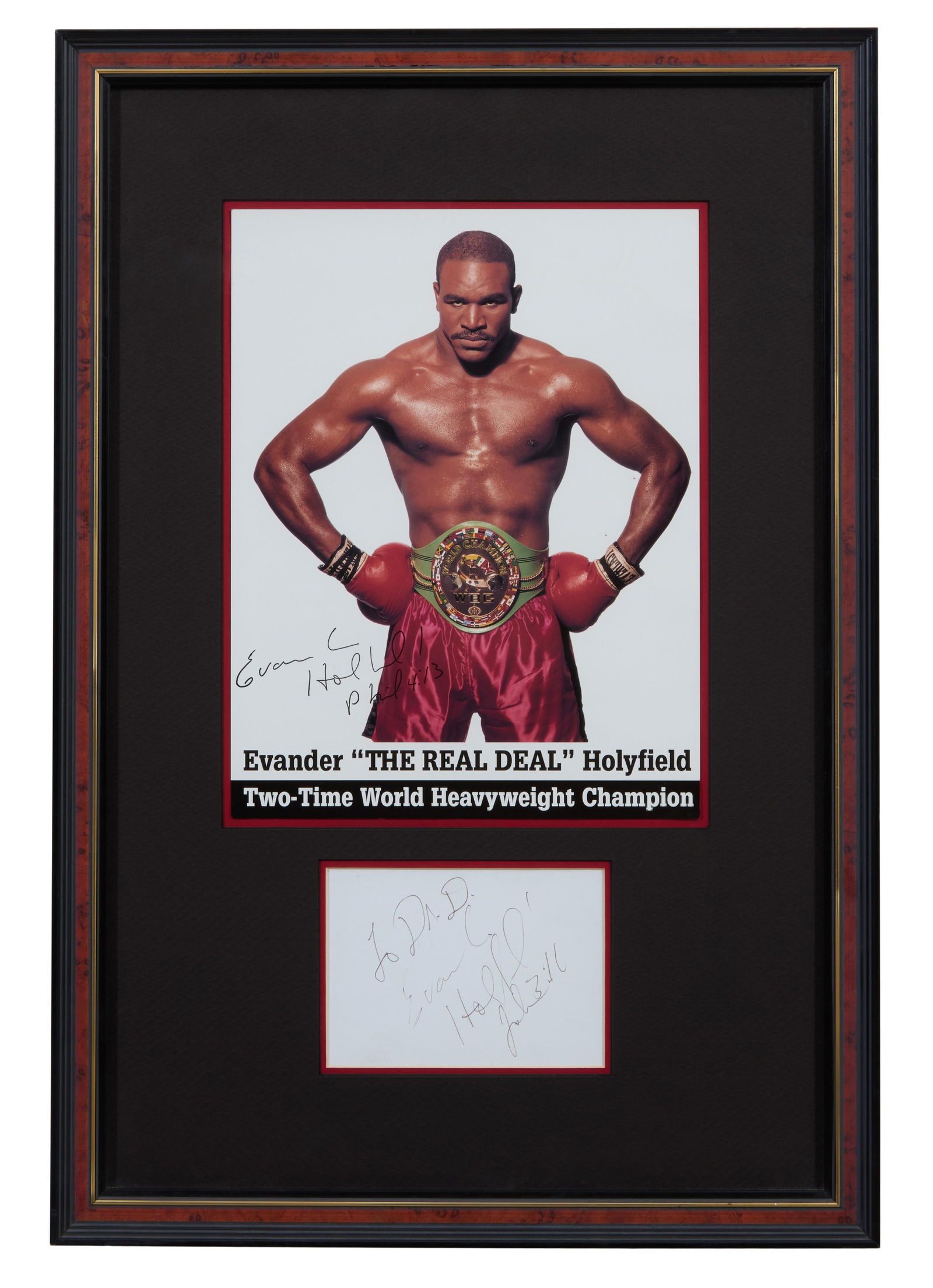 Evander "The Real Deal" Holyfield Autographed Memorabilia, Overall- H.- 19 3/4 in., W.- 15 3/4 in. (1 of 4)