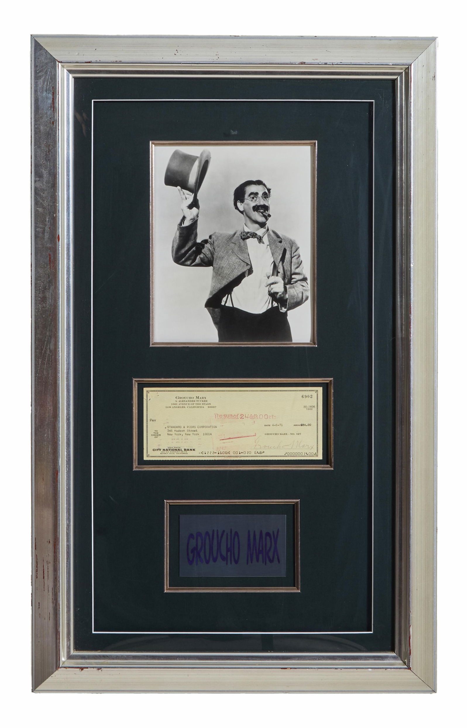 Groucho Marx Autographed Check Memorabilia, Overall- H.- 30 3/4 in., W.- 19 in. (1 of 4)