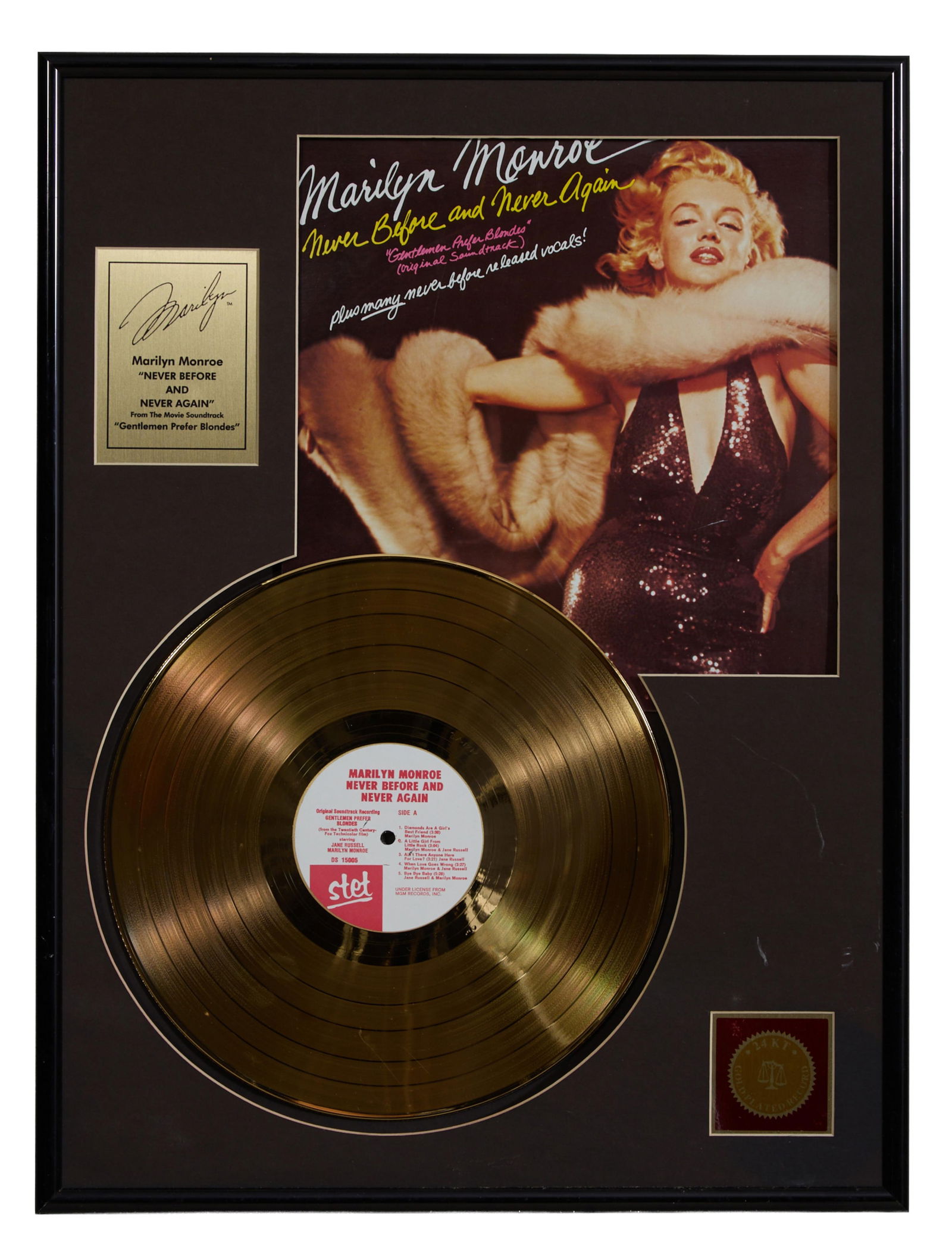 Marilyn Monroe "Never Before and Never Again" Gold Record Memorabilia, Overall- H.- 24 1/4 in., W.-: Marilyn Monroe "Never Before and Never Again" Gold Record Memorabilia, 24 karat gold plated 45 record, from the movie soundtrack Gentlemen Prefer Blondes (1953), presented with a copy of the album cov
