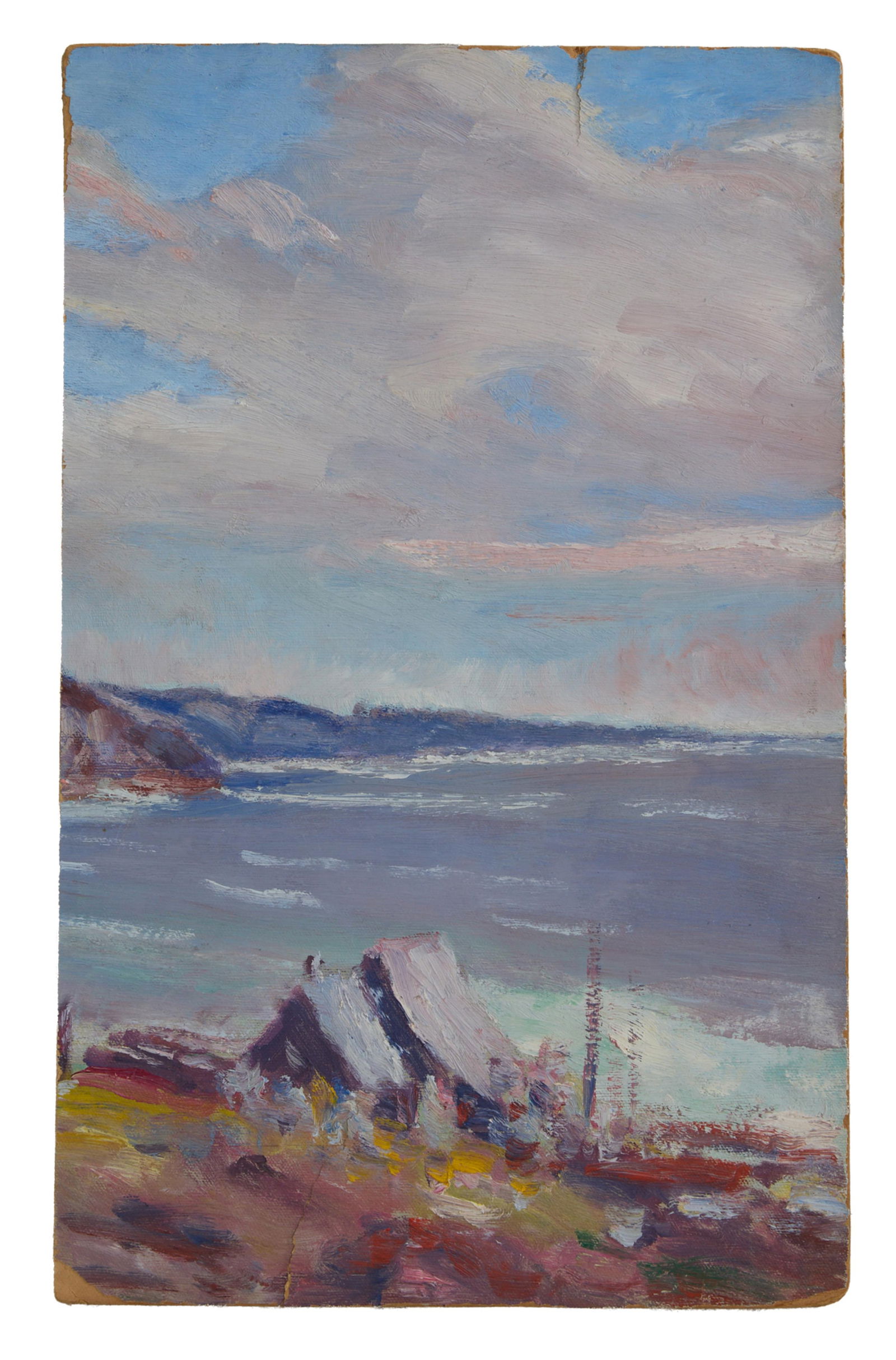 Attributed to Arnold Turtle (British/American/Louisiana, 1892-1954), "Cabins by the Seashore," H.-: Attributed to Arnold Turtle (British/American/Louisiana, 1892-1954), "Cabins by the Seashore," oil on artist board, unsigned, unframed, H.- 18 in., W.- 11 in.