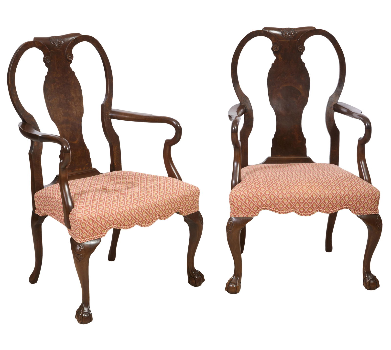 Pair of English Georgian Style Walnut Armchairs, 20th c., Each- H.- 40 in., W.- 22 in., D.- 20 in. (1 of 1)