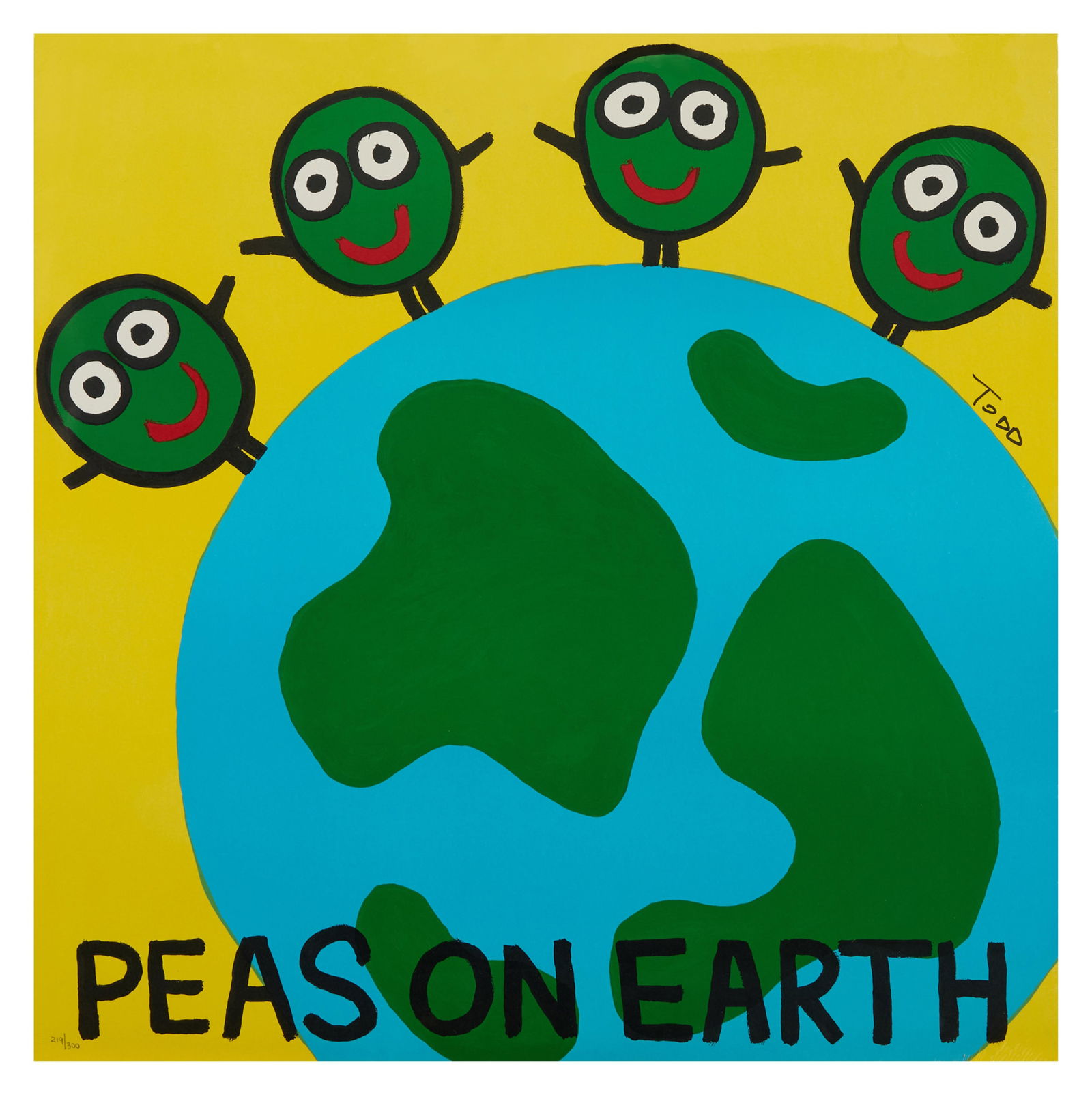 Todd Harris Goldman (American/Florida, b. 1969), "Peas on Earth," H.- 32 in., W.- 32 in.: Todd Harris Goldman (American/Florida, b. 1969), "Peas on Earth," color lithograph on paper, signed upper right center, numbered "219/300" lower left, unframed, shrink wrapped, accompanied with a Cert