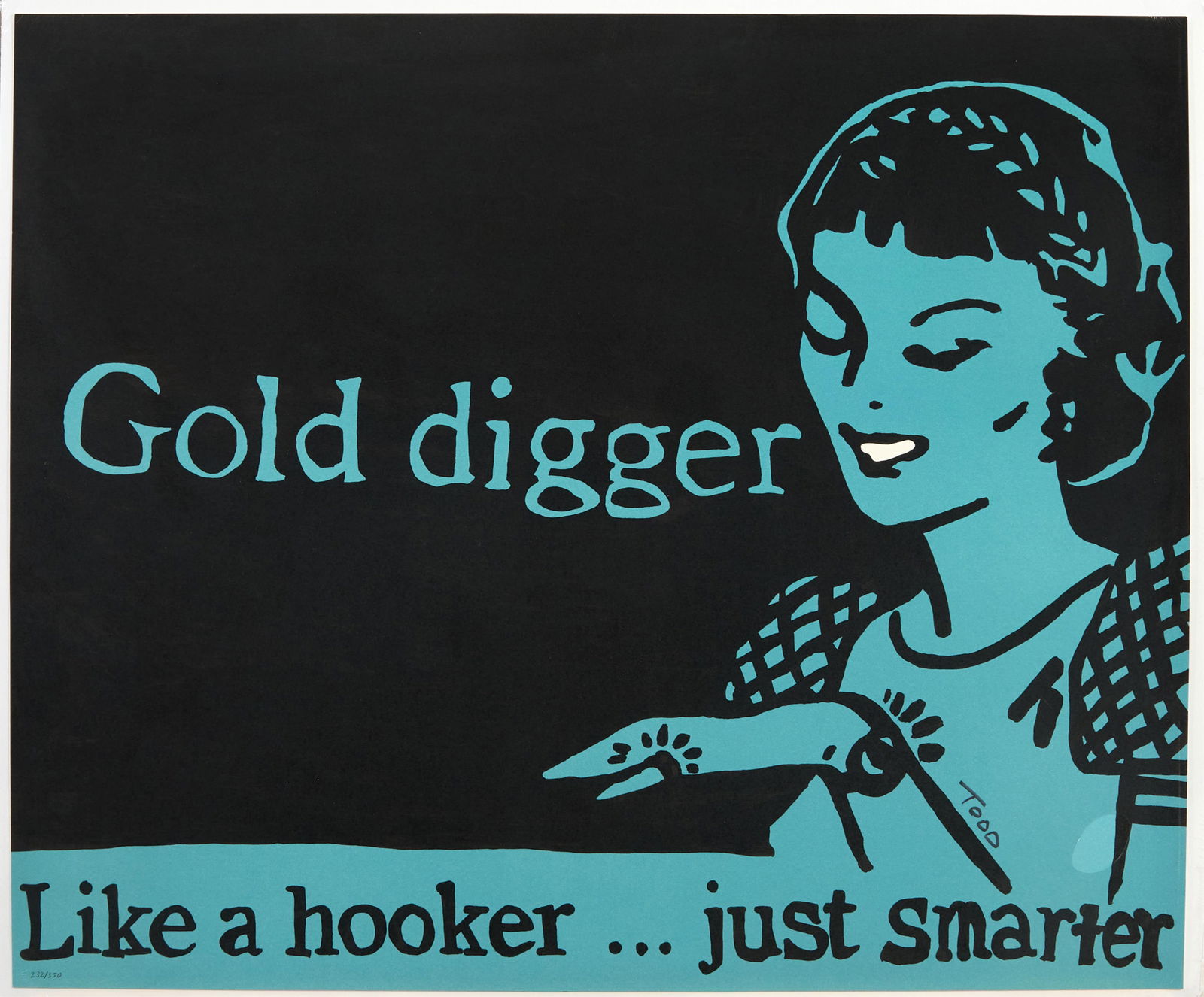 Todd Harris Goldman (American/Florida, b. 1969), "Golddigger," H.- 28 in., W.- 33 1/2 in.: Todd Harris Goldman (American/Florida, b. 1969), "Golddigger," color lithograph on paper, signed lower right side, numbered "232/350" lower left, unframed, shrink wrapped, accompanied with a Certifica