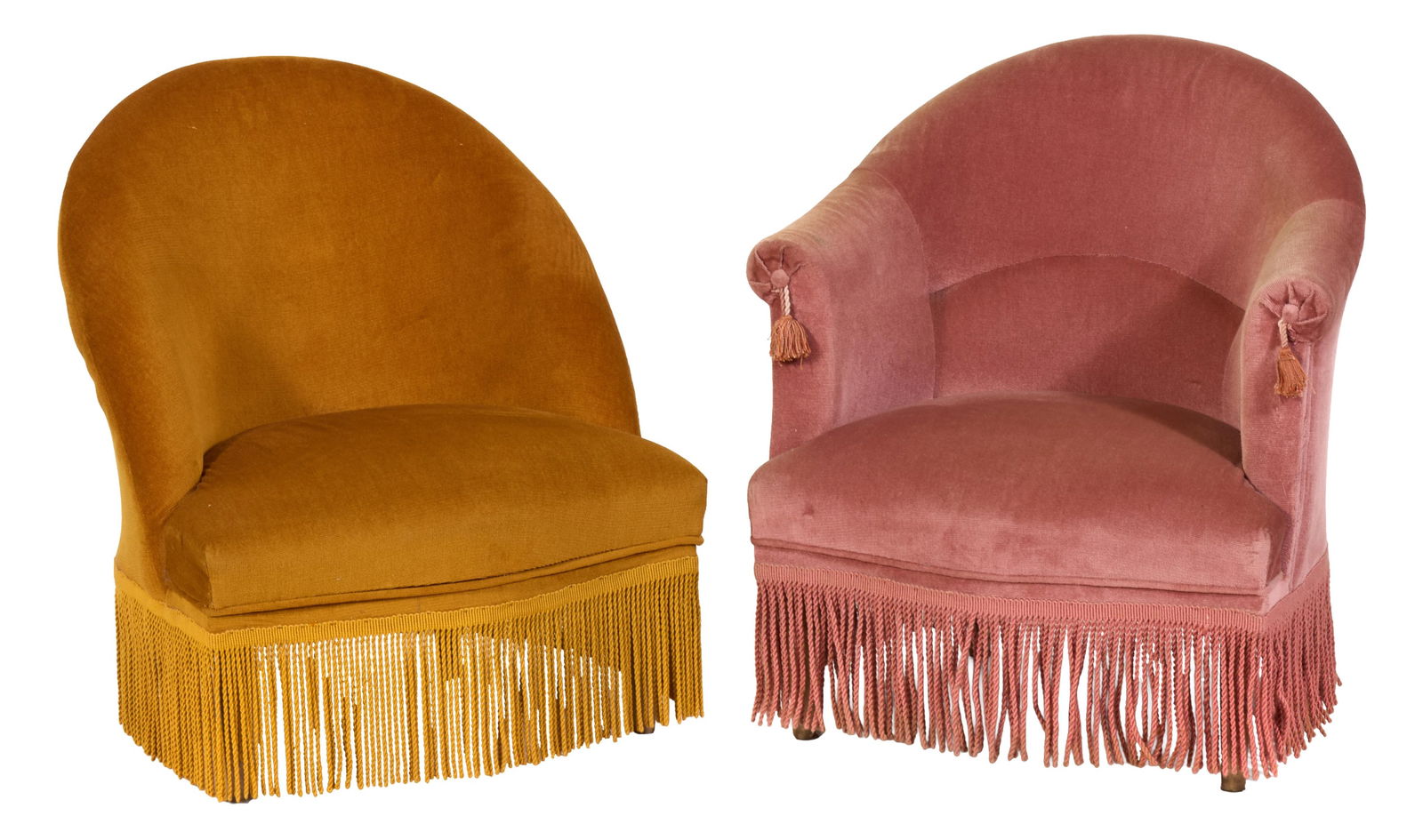 Two Napoleon III Slipper Chairs, late 19th c., H.- 30 in., W.- 27 in., D.- 25 in. (2 Pcs.): Two Napoleon III Slipper Chairs, late 19th c., arched backs, upholstered body, bullion fridge, H.- 30 in., W.- 27 in., D.- 25 in. (2 Pcs.)