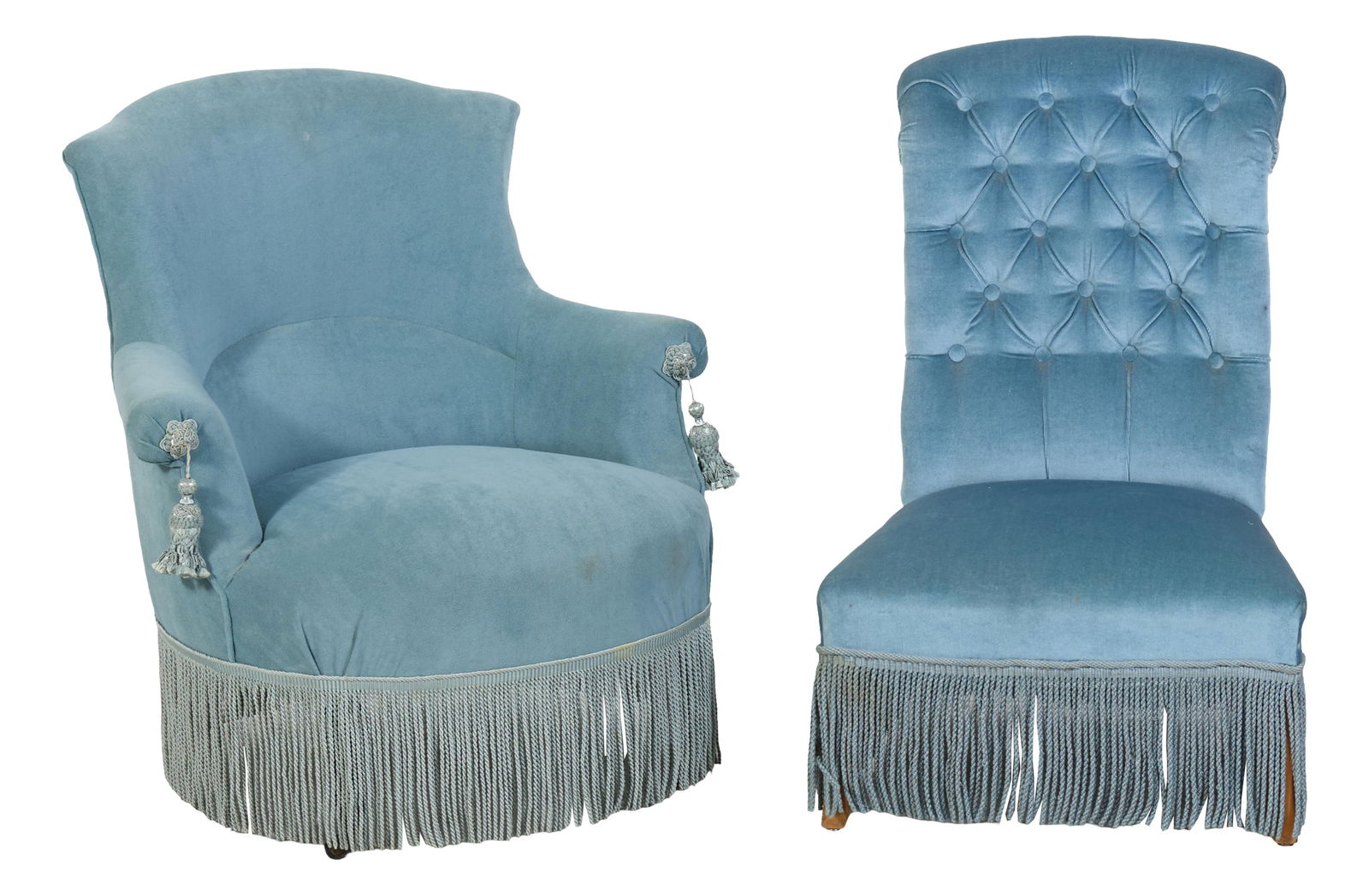 Two French Napoleon III Upholstered Slipper Chairs, late 19th c., Arm- H.- 32 in., W.- 32 in., D.- (1 of 3)