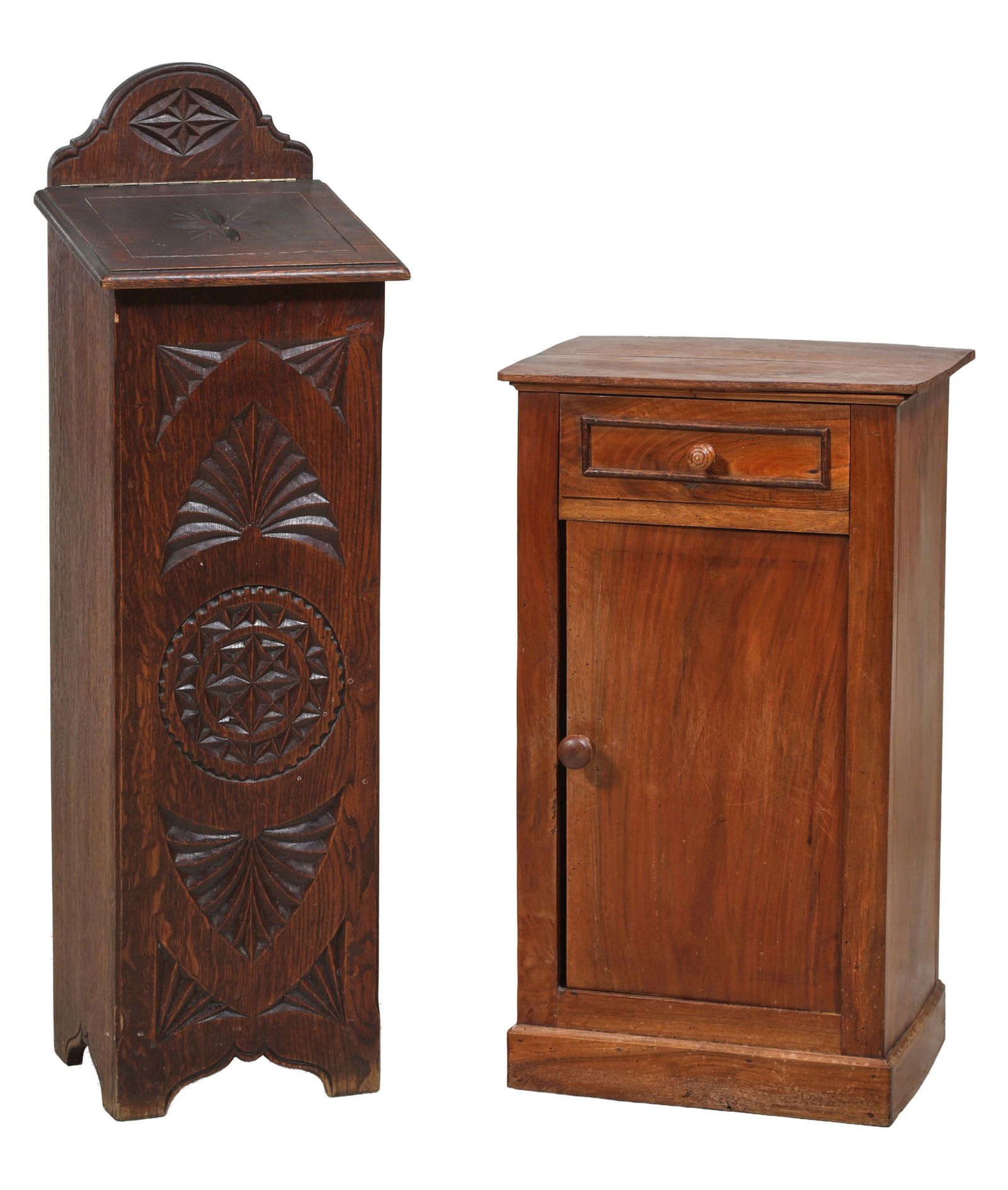 French Louis Philippe Walnut Nightstand, with a Lidded Tall Box, 19th c., Taller- H.- 39 in., W.- 12 (1 of 3)