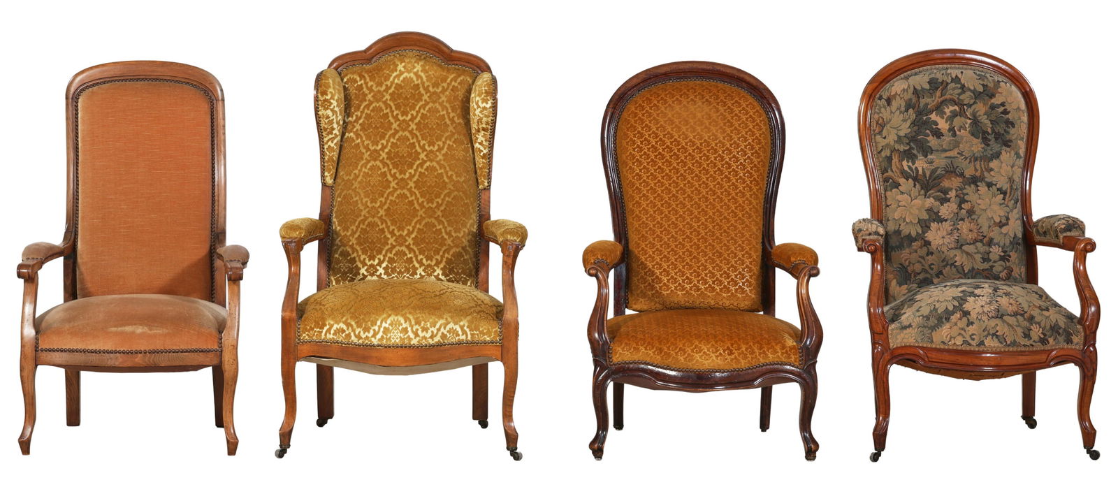 Four French Louis Philippe Walnut Fauteuils, mid 19th c., Winged- H.- 45 3/4 in., W.- 27 1/2 in., (1 of 5)